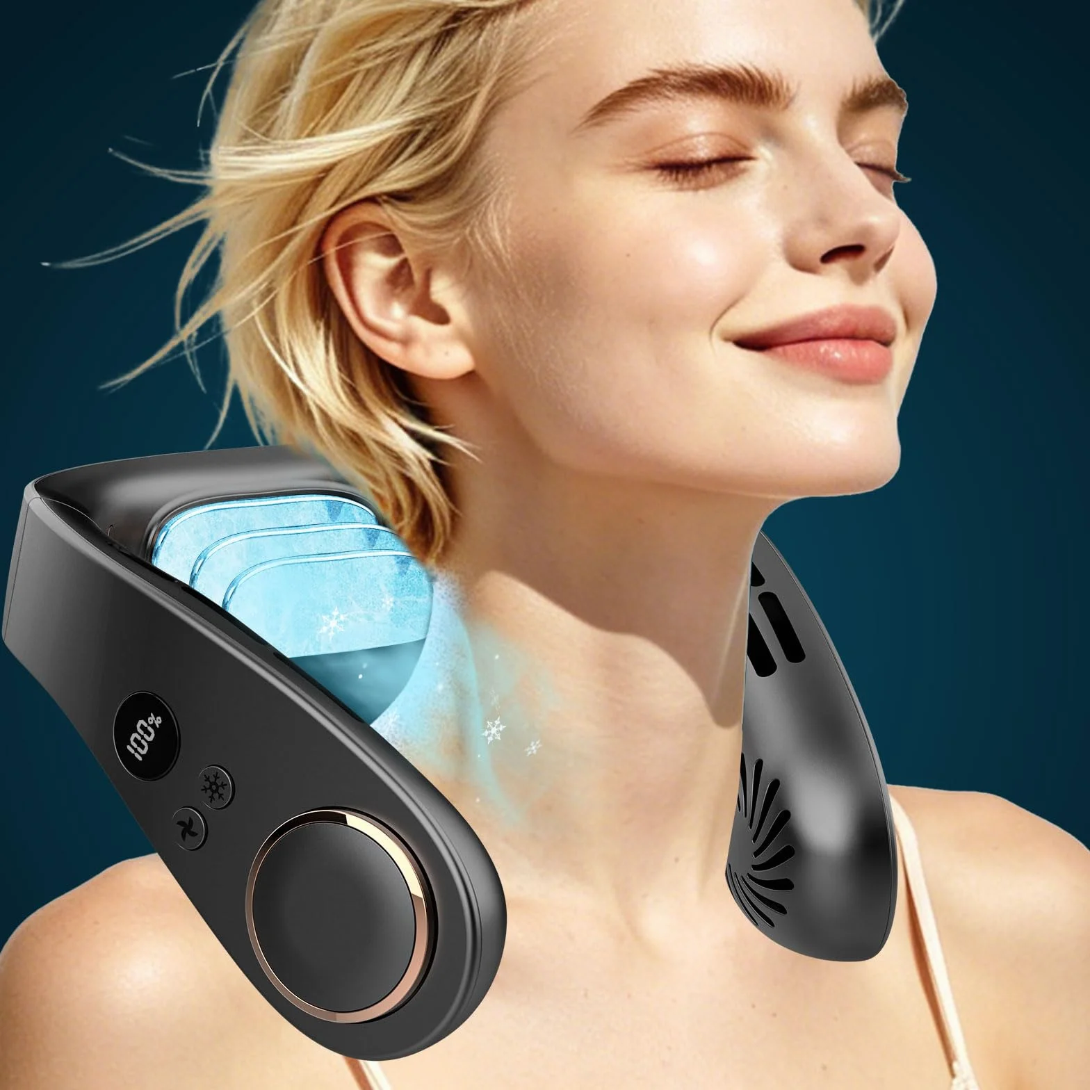 Kouric Ventilador de Cuello con Aire acondicionado Silencioso,5 Velocidades,5500mAh,Pantalla LED para Batería y Velocidad,Hasta 24 Horas,Portatil para Viajes, Oficina, Deportes y Exteriores-Negro
