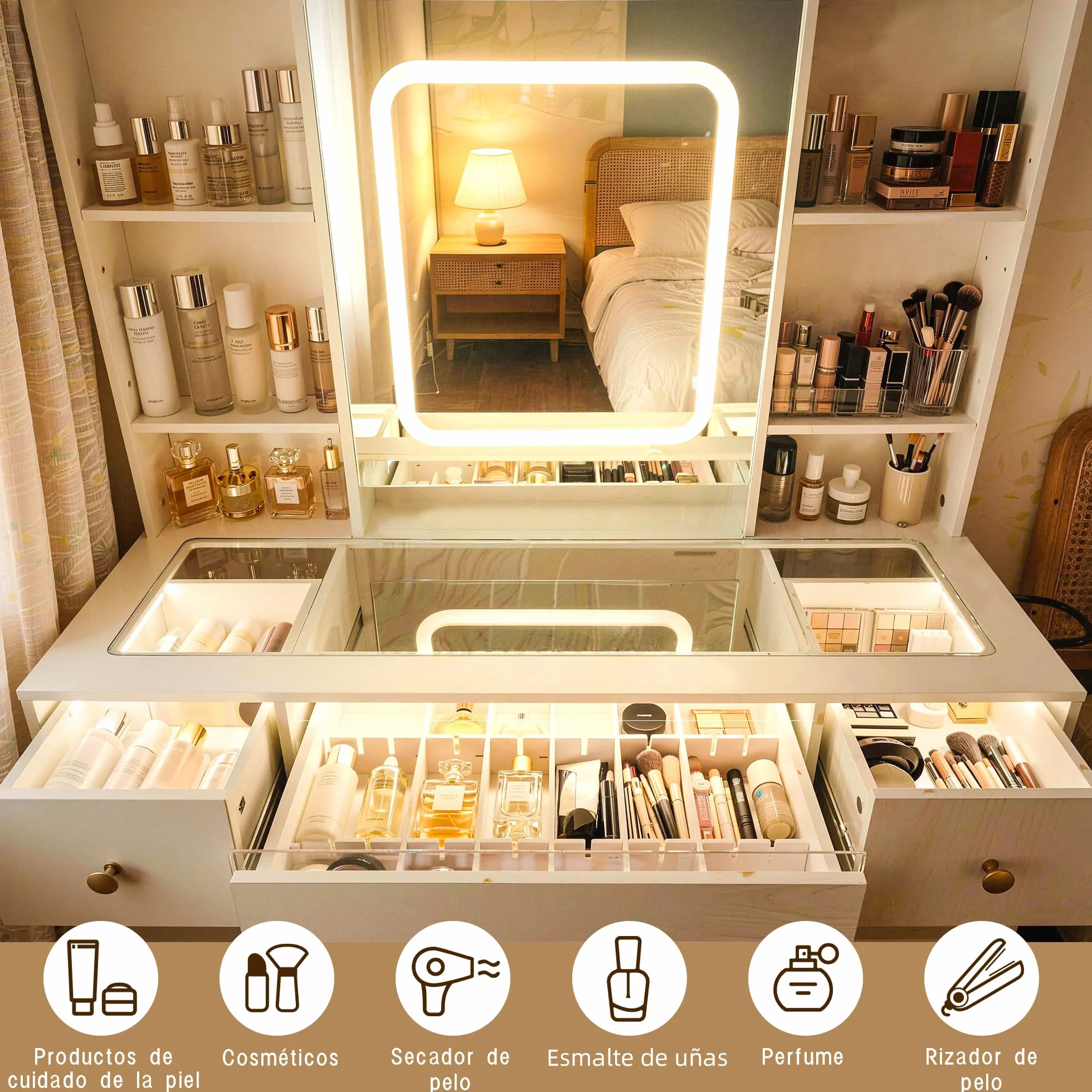 Tocador de Maquillaje con Luces LED Ajustables, Mesa con Espejo, 9 Cajones, 7 Estantes, Soporte para Secador, Blanco