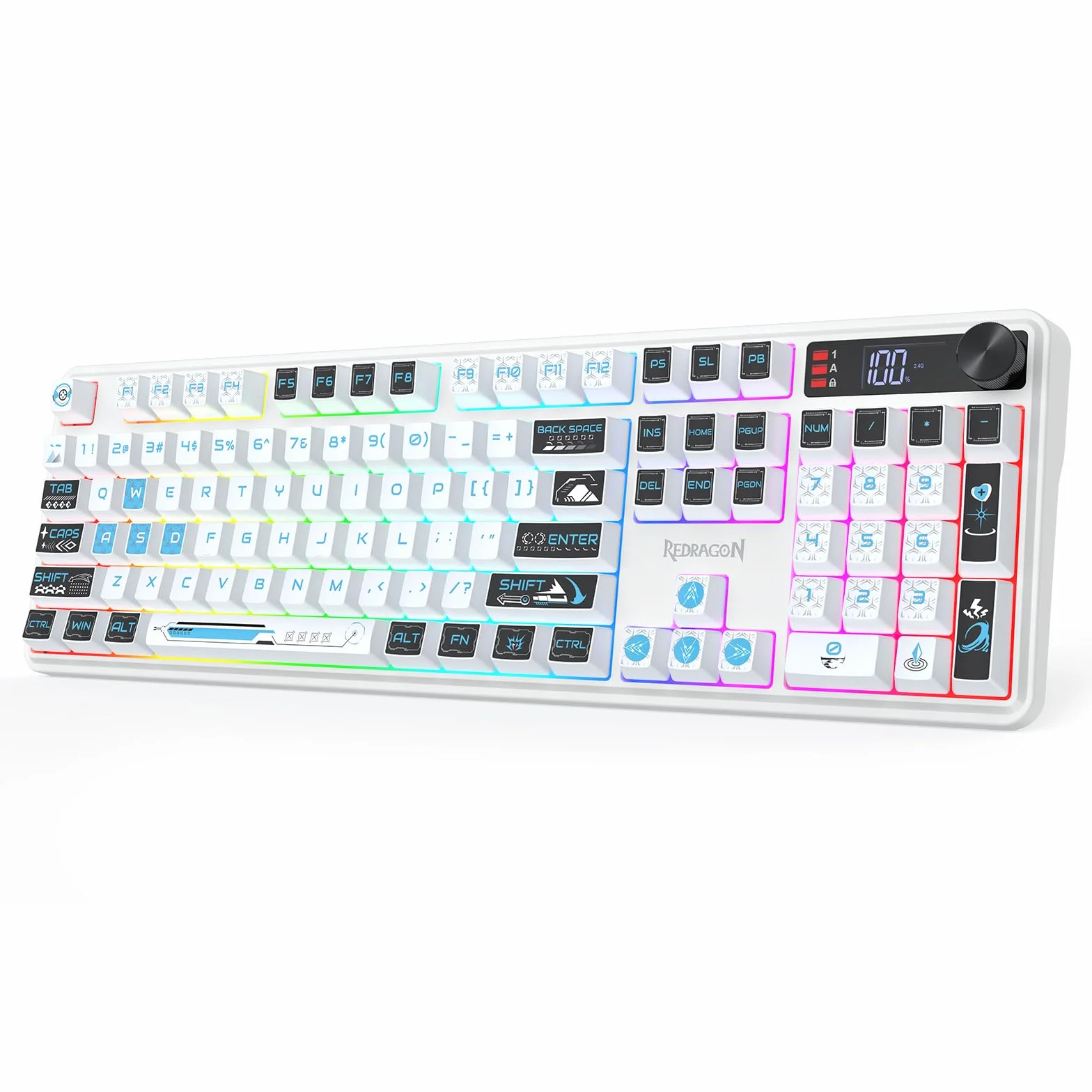Redragon K526 Pro RGB Teclado Gaming Inalámbrico 104 Teclas Tacto Mecánico | Pantalla Información LED Control Perilla Retroiluminada Interruptor Lineal Suave Amplia Compatibilidad