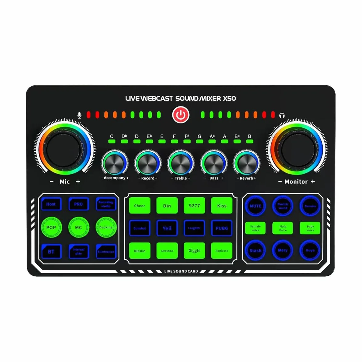 X50 - Tarjeta de sonido en vivo con 12 efectos de calentamiento, silencio con un solo toque, mezclador de DJ para transmisión en vivo y grabación de PC