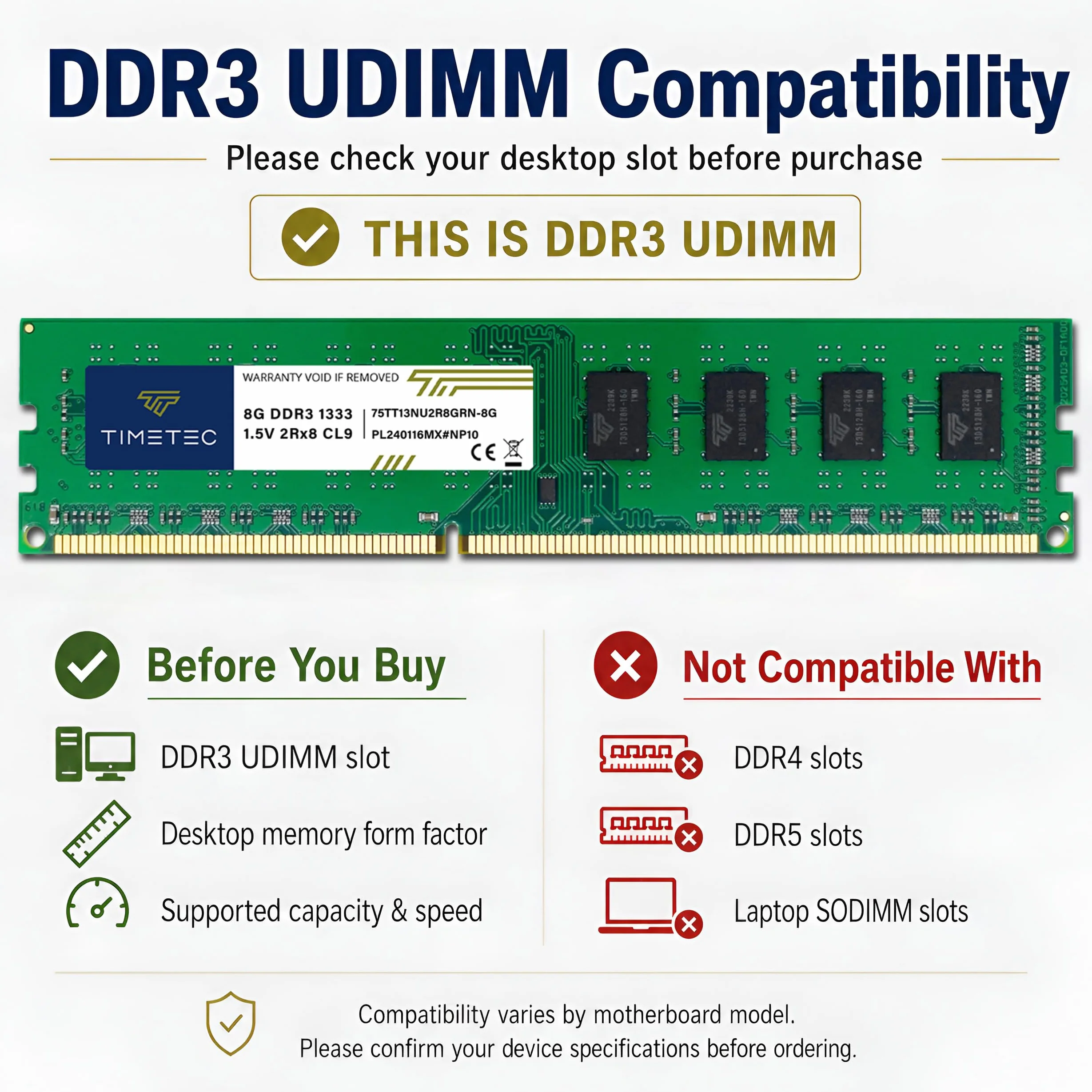 Timetec 8 GB DDR3 1333 MHz PC3-10600 sin ECC sin búfer 1.5 V CL9 2Rx8 Dual Rank 240 Pin UDIMM Módulo RAM de Memoria de computadora Actualización