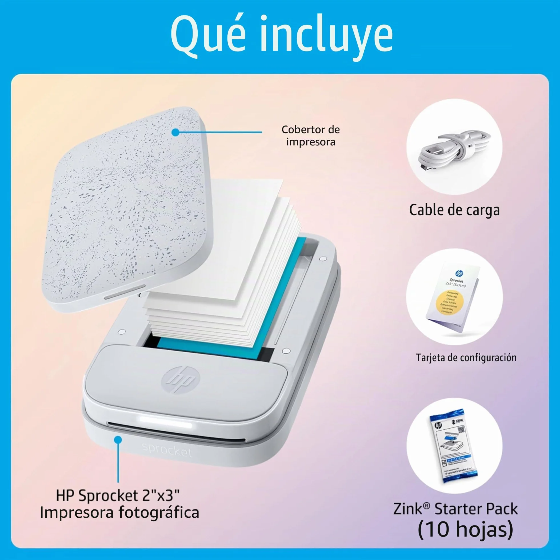 HP Sprocket Impresora fotográfica instantánea portátil de 2x3 Pulgadas (Blanco) Paquete de Papel Zink