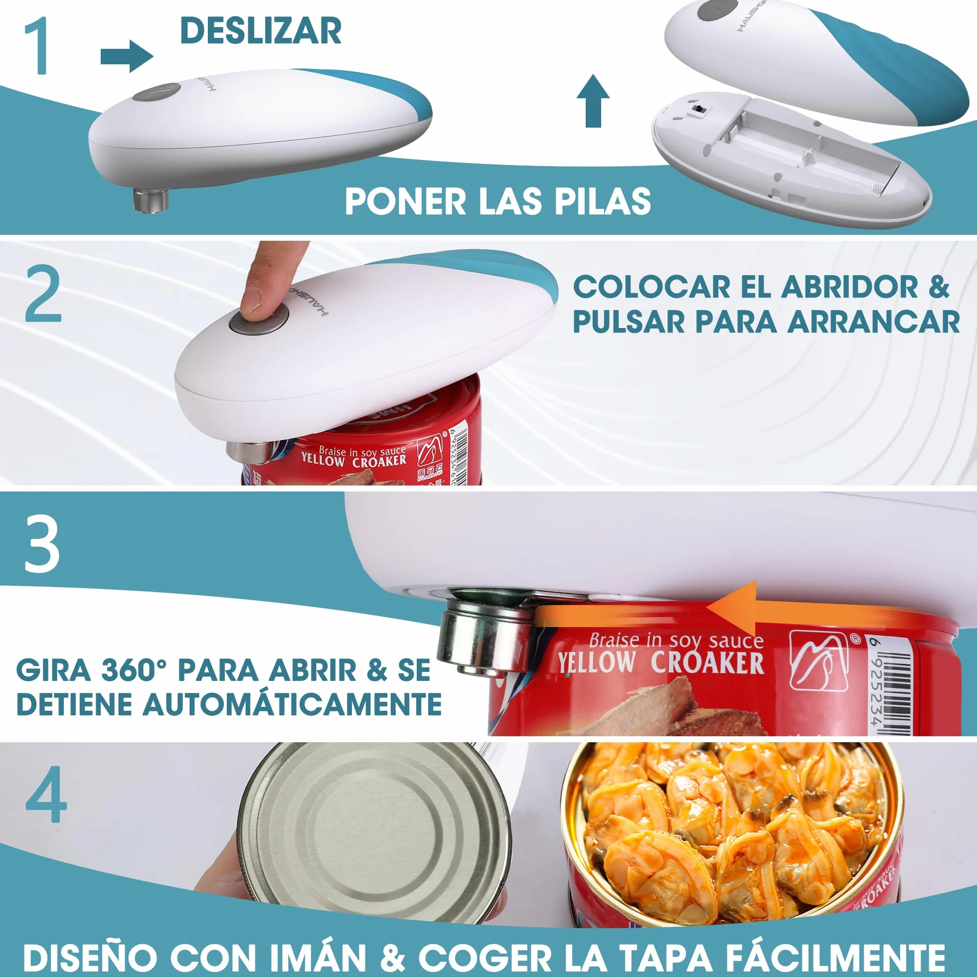 HAUSHOF Abrelatas Eléctrico Automático Inalámbrico, para Personas Mayores y Cocineros, Manos Libres, Azul