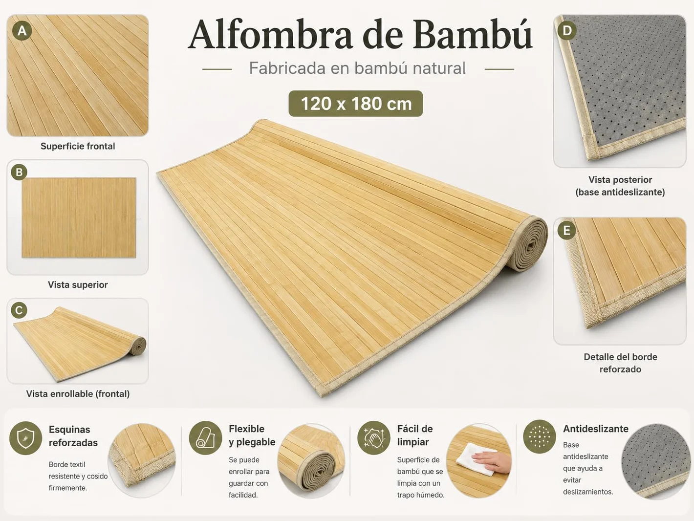 HERSIG Alfombra Bambú Antideslizante Tatami 120 x 180 cm