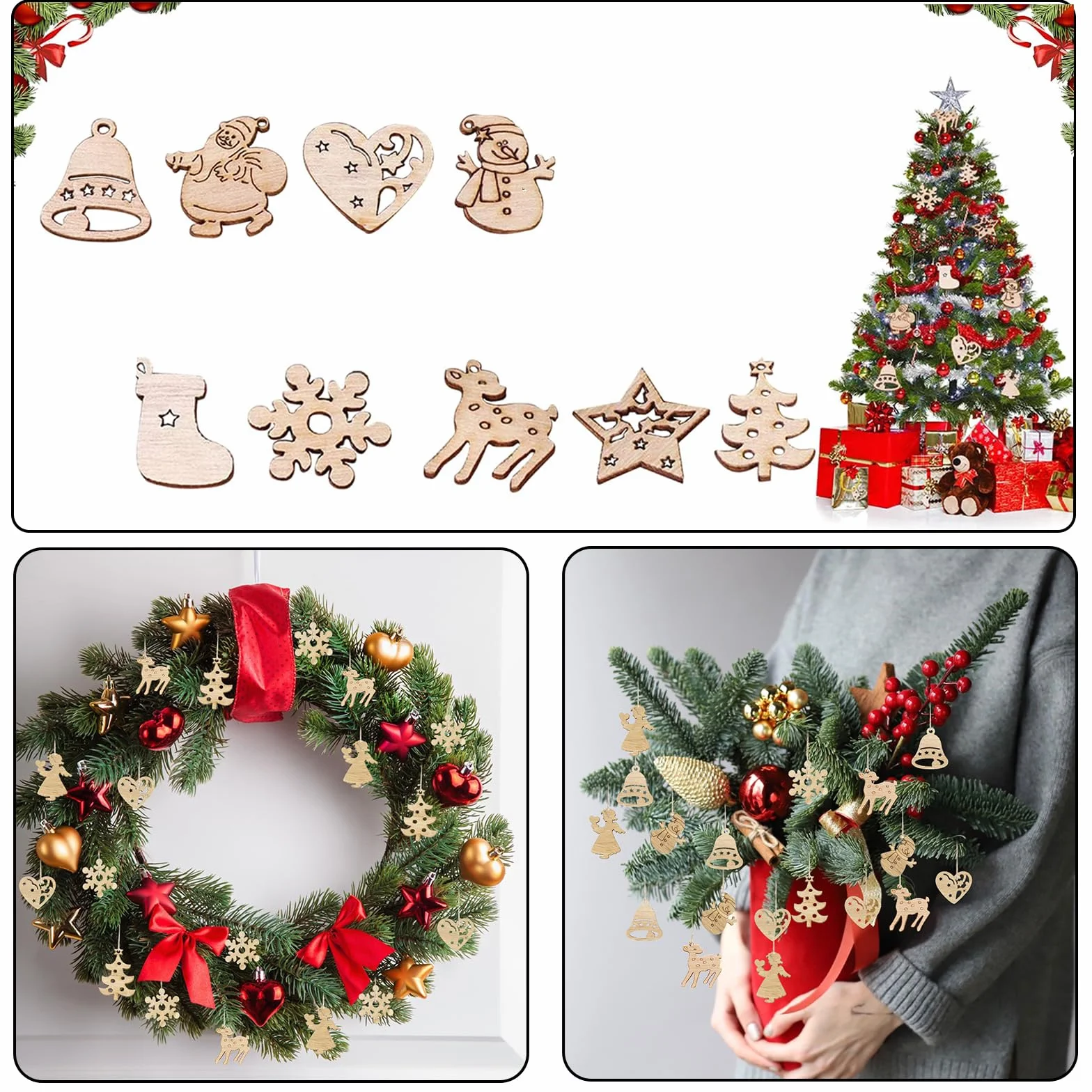 Adornos Navideños de Madera 100 Piezas Colgantes para Árboles Decoración Navideña Bricolaje