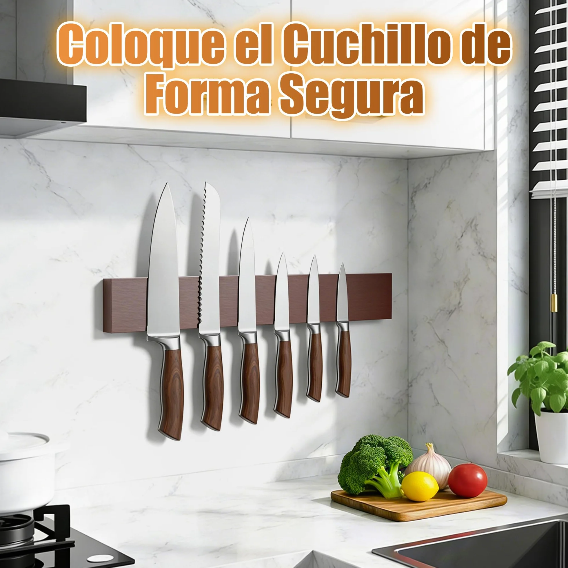 Soporte Cuchillos Cocina Magnético 40 cm, Organizador Cuchillos Madera con Imanes Adhesivos y 2 Ganchos Autoadhesivos
