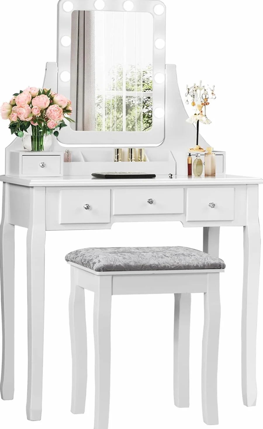 RELAX4LIFE Tocador de Maquillaje con Espejo Extraíble y Giratorio 360° y 10 Luces LED Regulables, Tocador Maquillaje con Taburete Acolchado, 5 Cajones, 3 Compartimentos y 2 Estantes (Blanco)