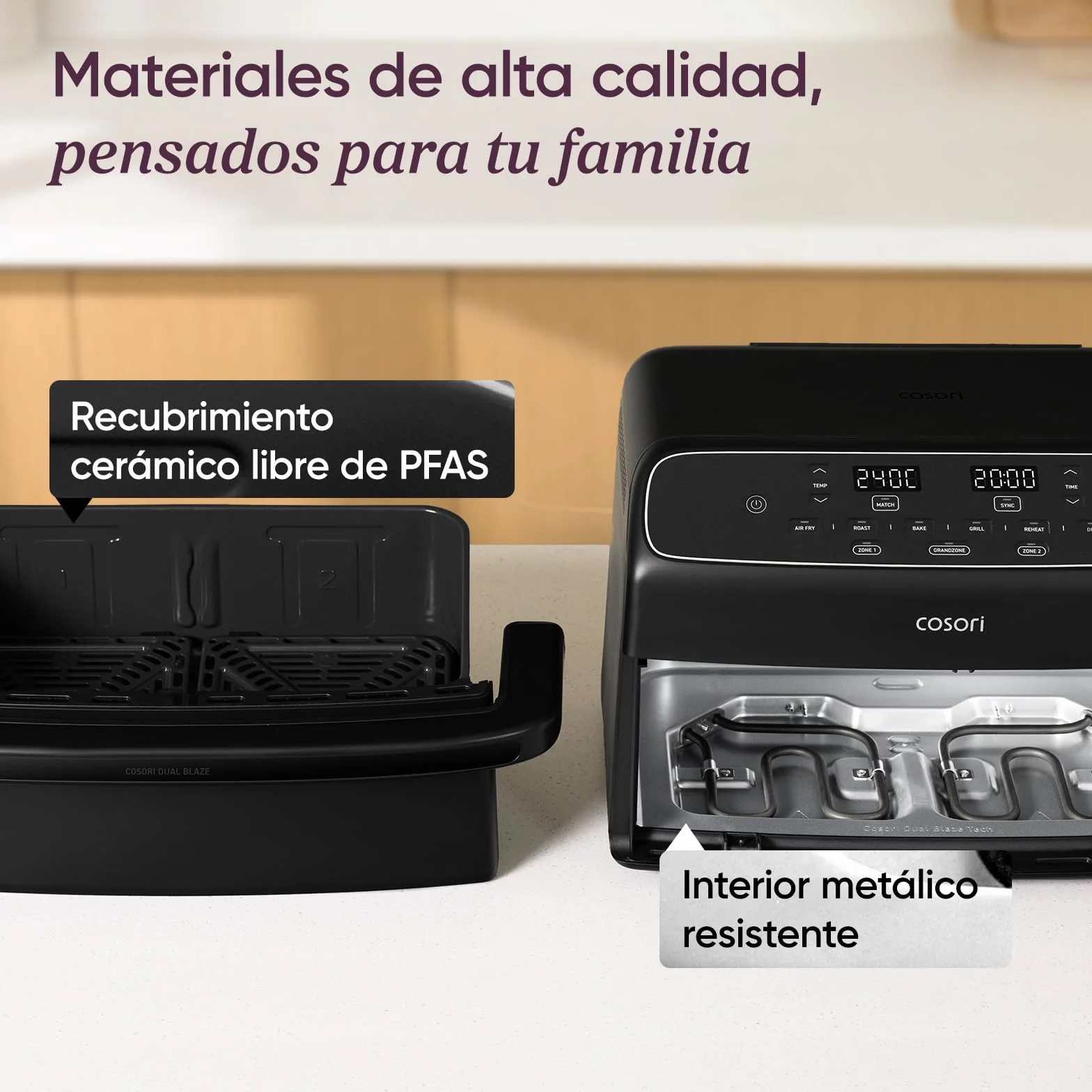 Cosori Dual Blaze Twinfry Freidora de Aire 8,6 Litros Doble Cesta 2700W Revestimiento Cerámico sin PFAS 6 en 1