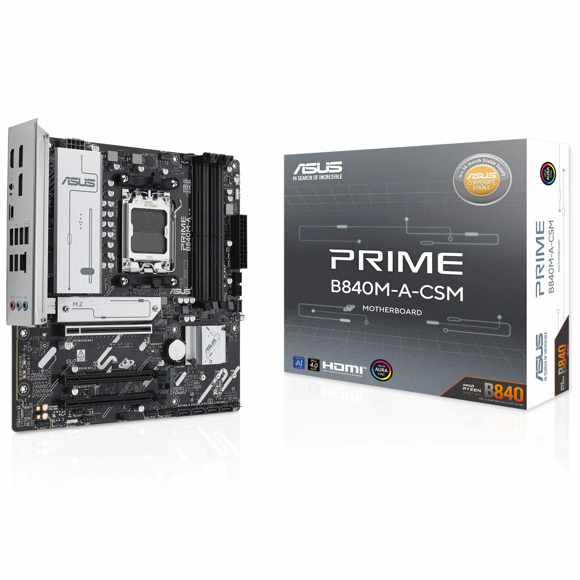 ASUS Prime B840M-A-CSM - Placa Base AMD B840 mATX, DDR5, PCIe 4.0, Tres Ranuras M.2, Realtek 2.5Gb Ethernet, DisplayPort, HDMI, USB Tipo-C a 5Gbps, BIOS Flashback, Aura Sync