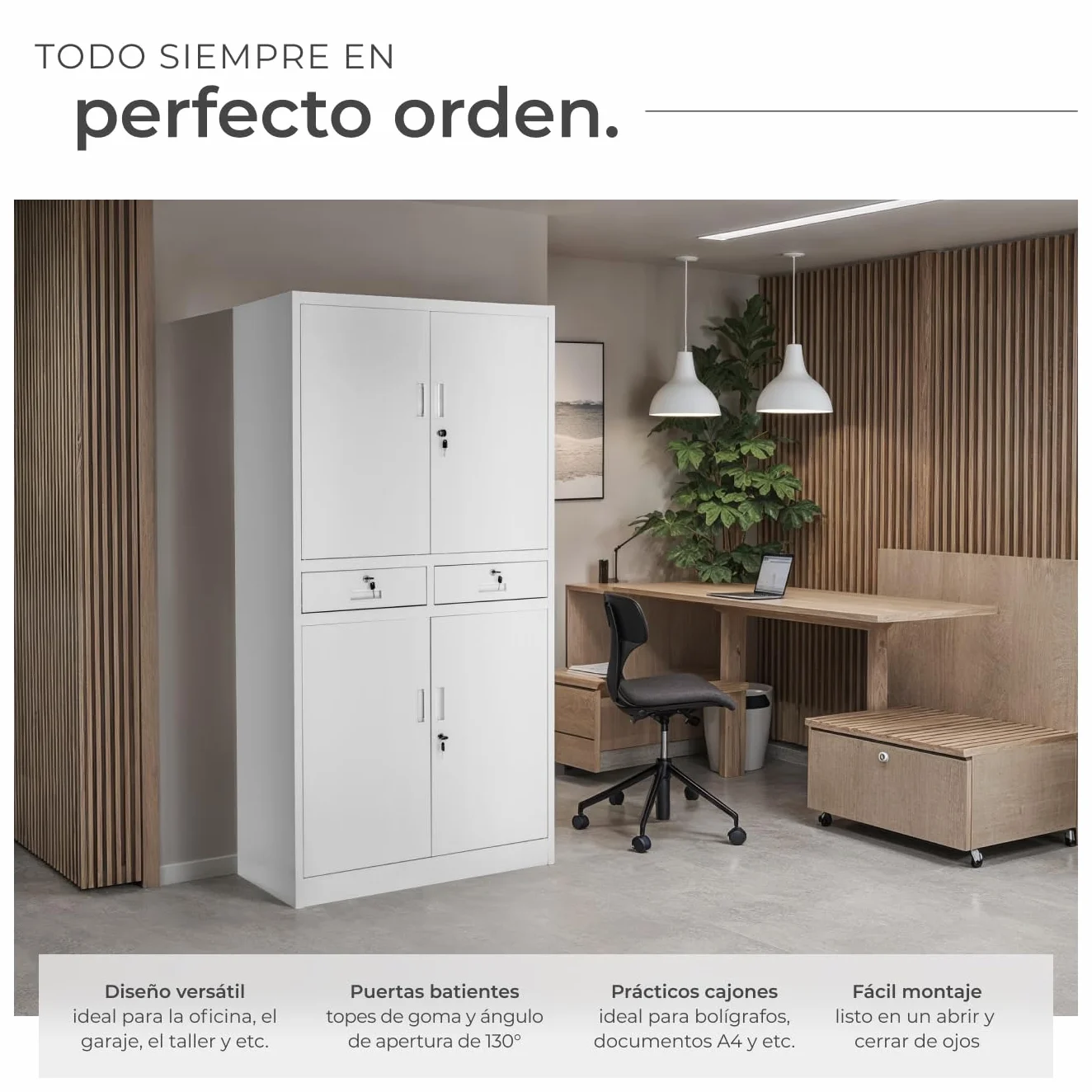 Armario Archivador Oficina Acero 180x80x40 cm Gris Claro 4 Puertas 2 Cajones 3 Estantes Ajustables