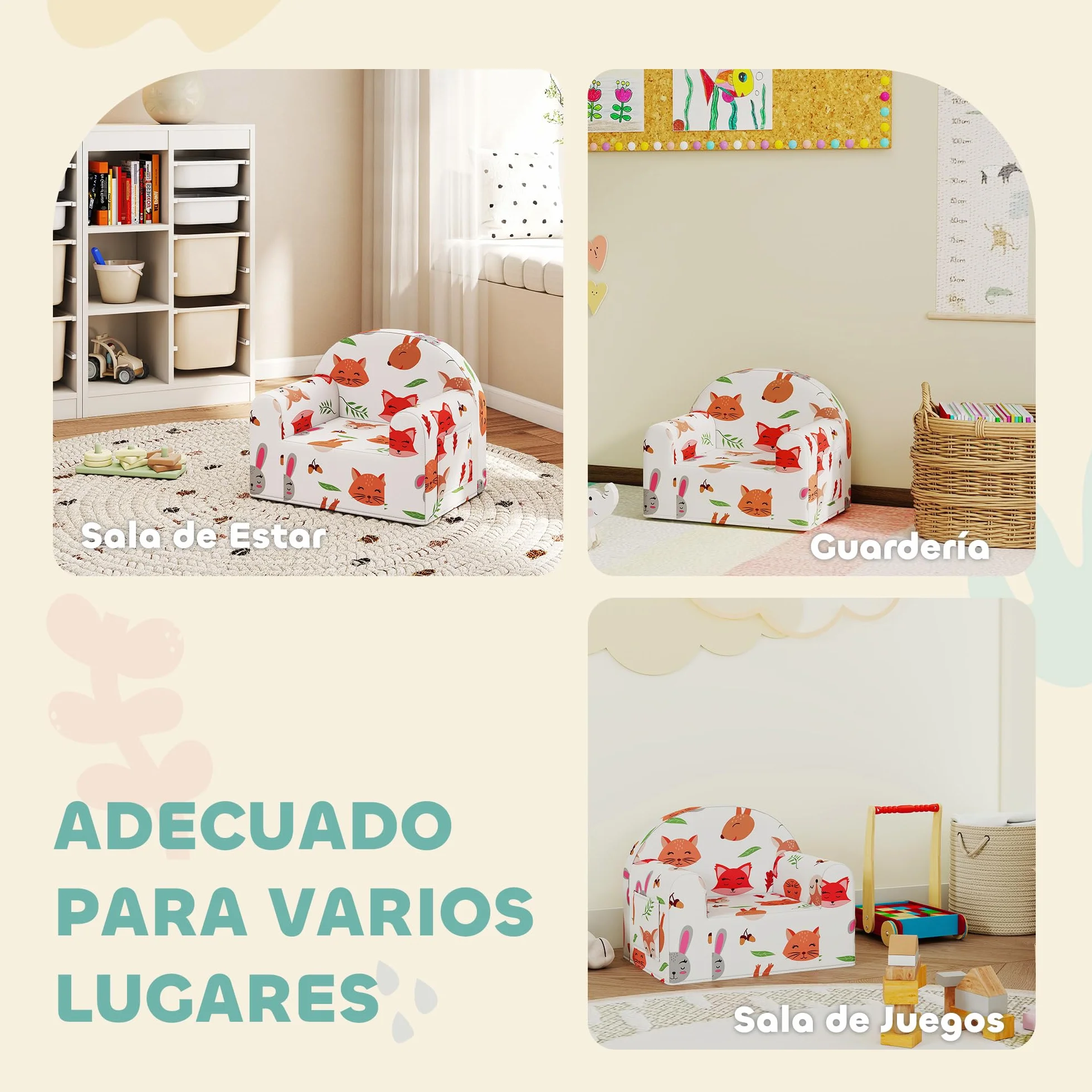 AIYAPLAY Sillón Infantil con Estampado de Zorros, Sofá para Niños 18-36 Meses, Funda Extraíble y Lavable, Carga 45 kg, Blanco
