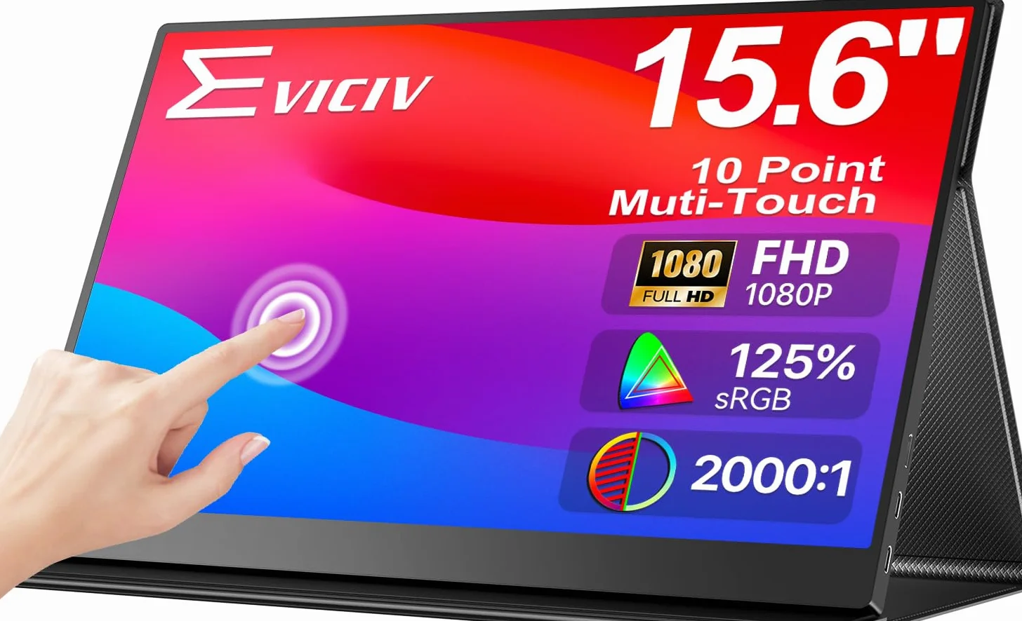 EVICIV Monitor Portatil Táctil 15,6 Pulgadas 125% sRGB 1080P 2000:1 FHD USB C Display Móvil Externa con HDMI/USB-C para Laptop/PC/Teléfono/Game Console, Soporte VESA