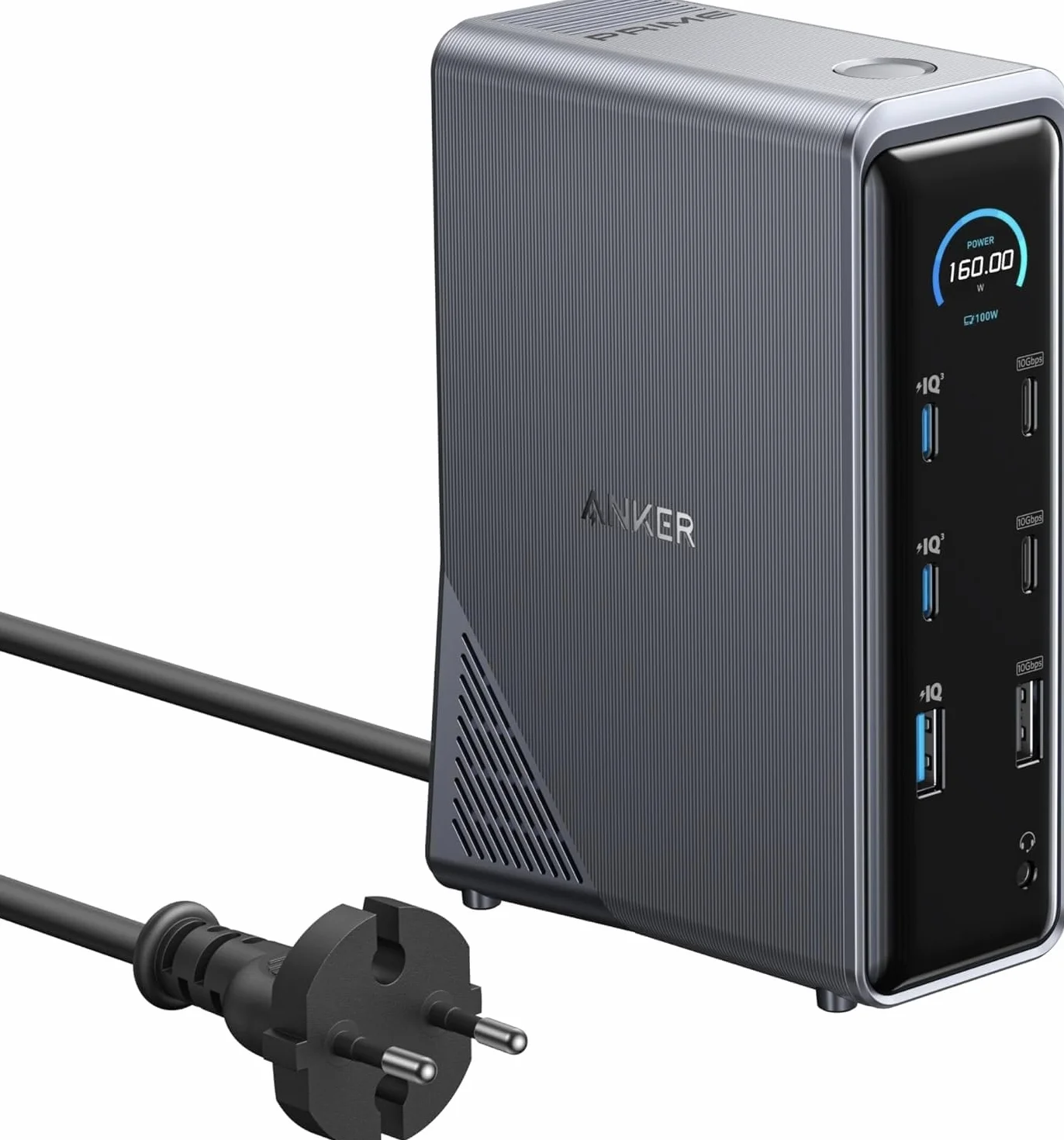 Anker Prime Docking Station 160W, 3 puertos USB-C, 100 W máx. cada uno, 1 puerto USB-A a 12 W máx. , transferencia de datos rápida de 10 Gbps, puertos de audio y Ethernet, pantallas duales 4K | 3 USB C de hasta 100 W, 1 USB A de 12 W, audio y Ethernet
