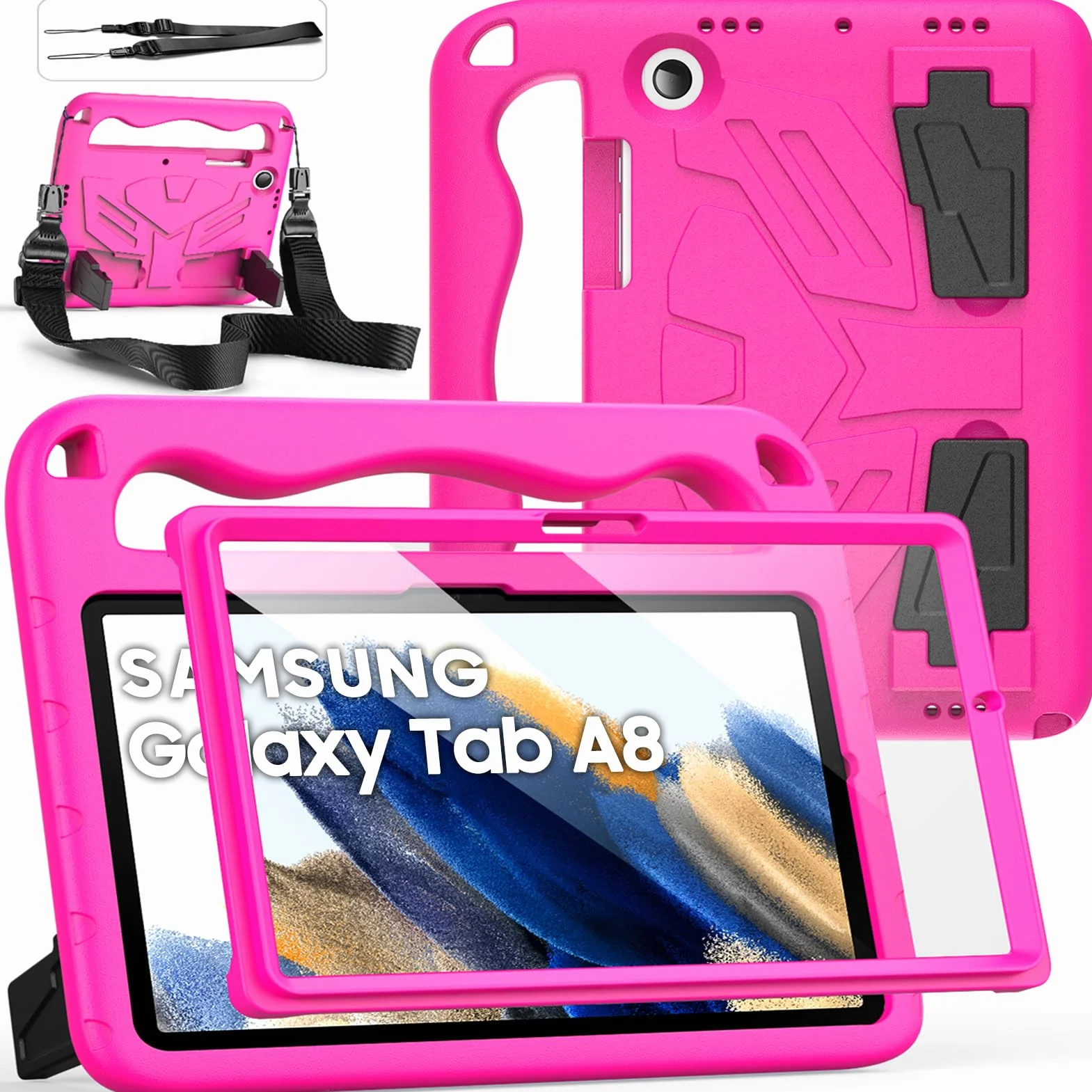 Funda Niños para Samsung Galaxy Tab A8 10,5 Pulgadas (SM-X200/X205/X207) con Protector de Pantalla Incorporado, Asa Infantil y Correa de Hombro, Funda Infantil Antichoque, Magenta