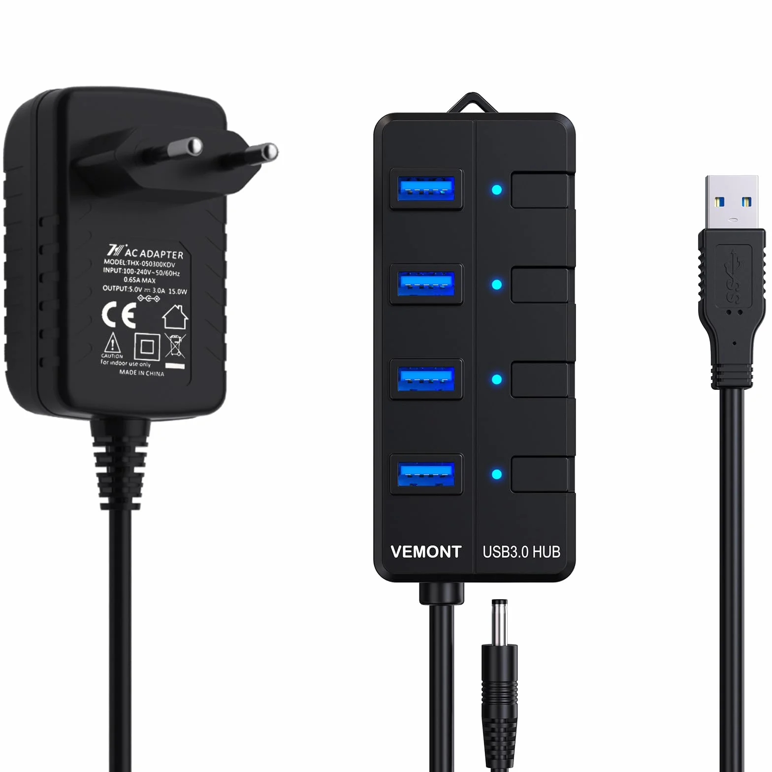 Hub USB 3.0 Alimentado,VEMONT 4 Puertos USB Hub Alimentación Externa con Ataptador 5V/3A,SuperSpeed Multi USB con Botón Encender/Apagar y Cable Largo 1,2m Compatible con Mac iOS,Windows,Android,Linux