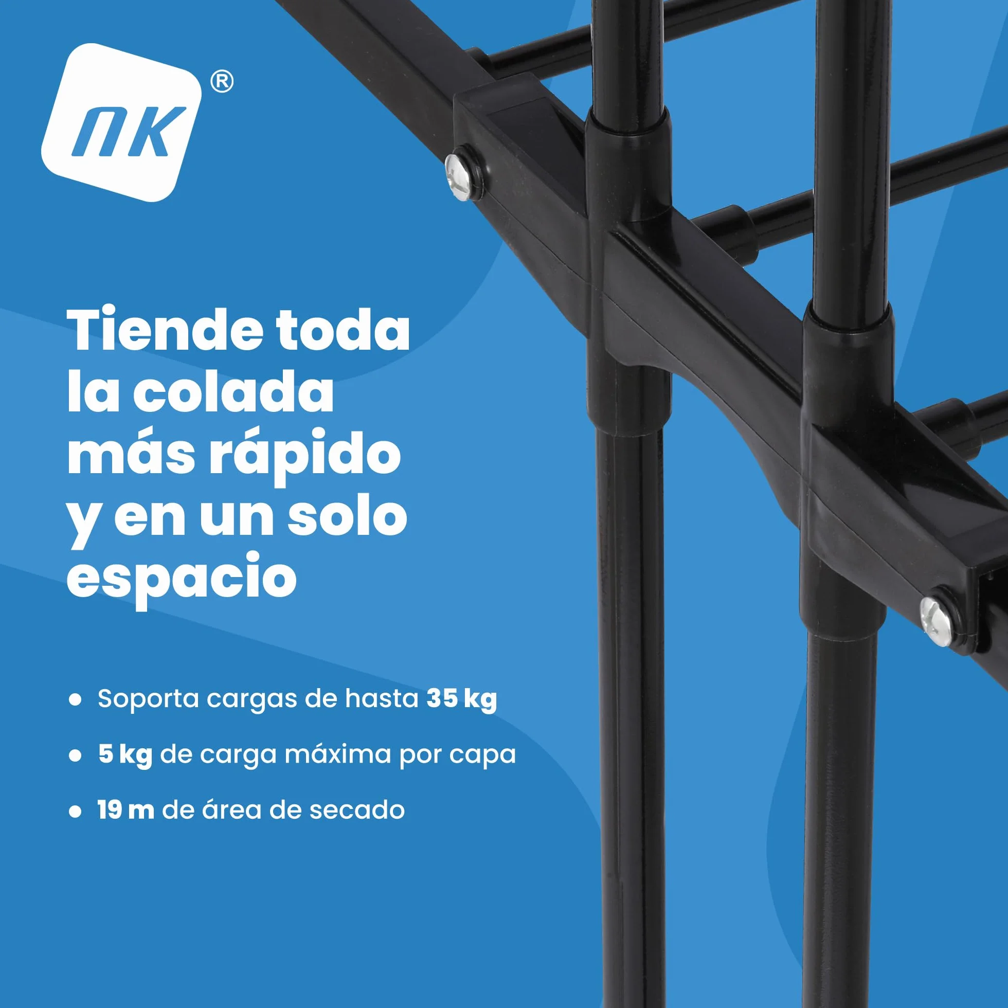 NK Tendedero Vertical Plegable 4 Niveles 6 Bandejas Retráctiles 2 Alas Laterales Zapatero Ruedas 360° Negro