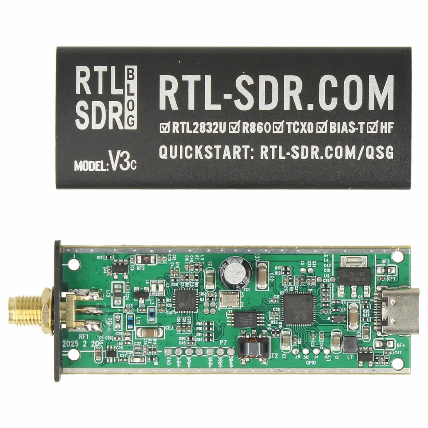RTL-SDR Blog Radio definida por software V3 R860 RTL2832U 1PPM TCXO SMA (solo dongle) (negro) (USB-C)