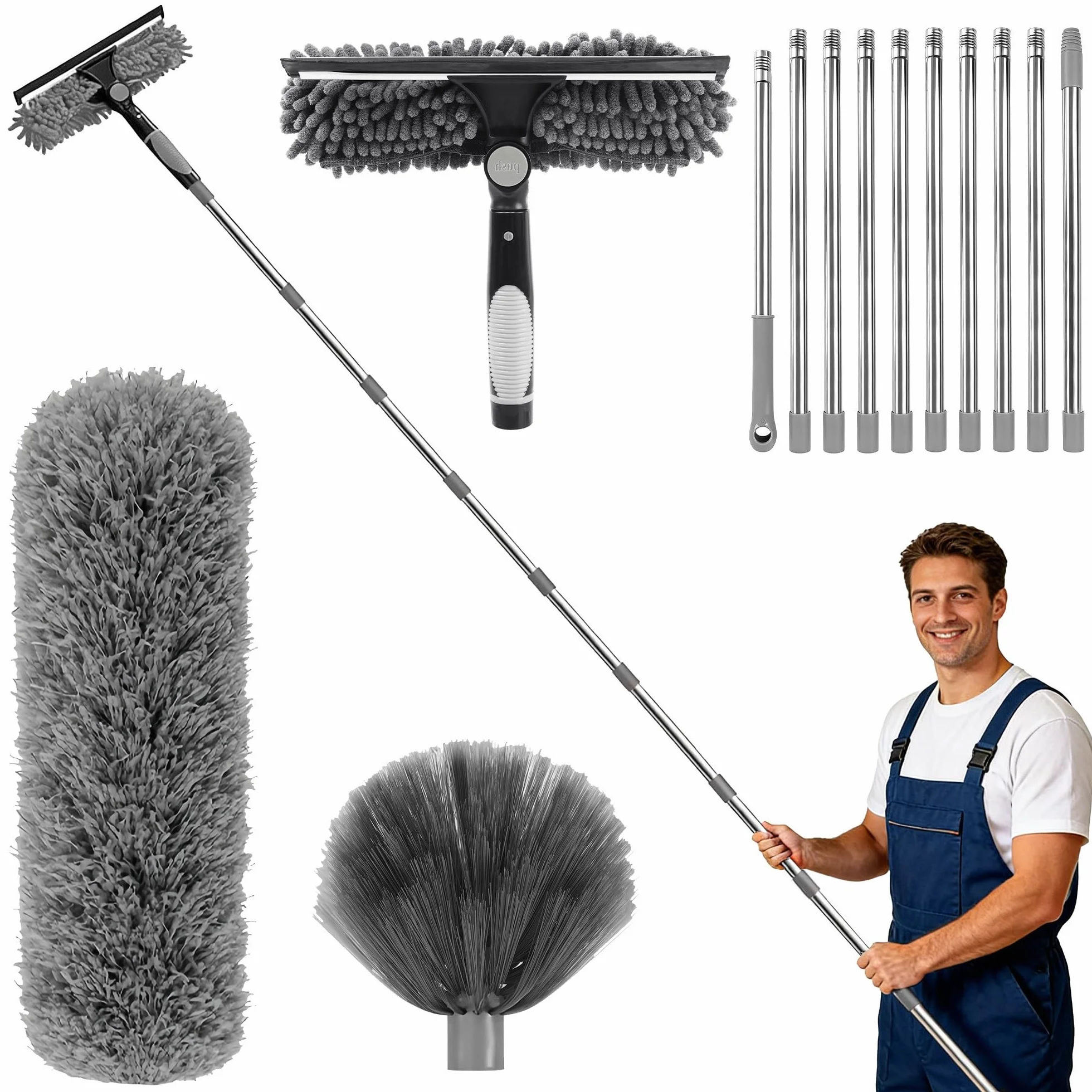Kit 4 Piezas Plumero Extensible 4,3m Microfibra Lavable Cepillo Multiusos Escobilla Quitarañas