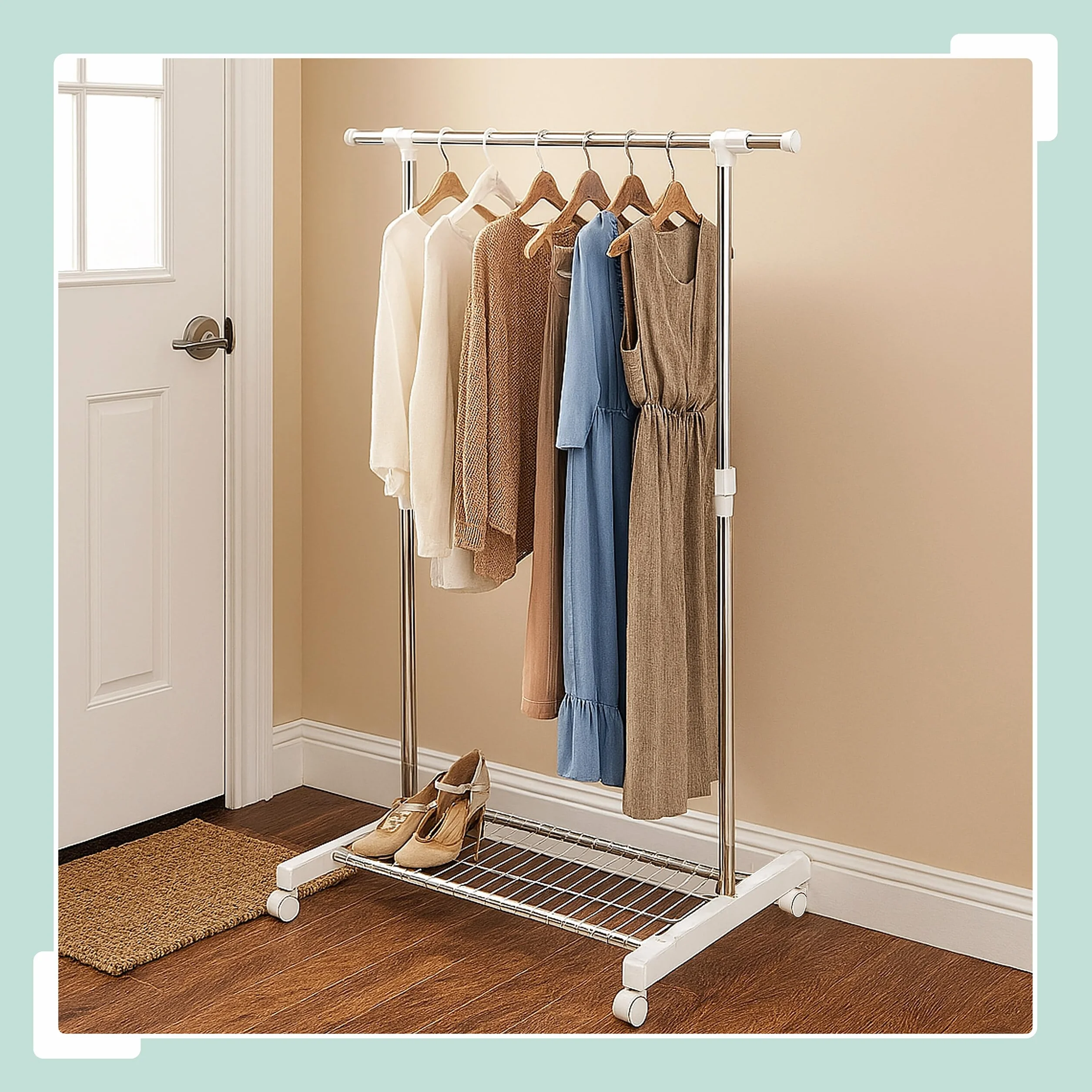Perchero móvil Relaxdays con Estante, Altura Ajustable 97-165 cm, Anchura 92-160 cm, Plata/Blanco