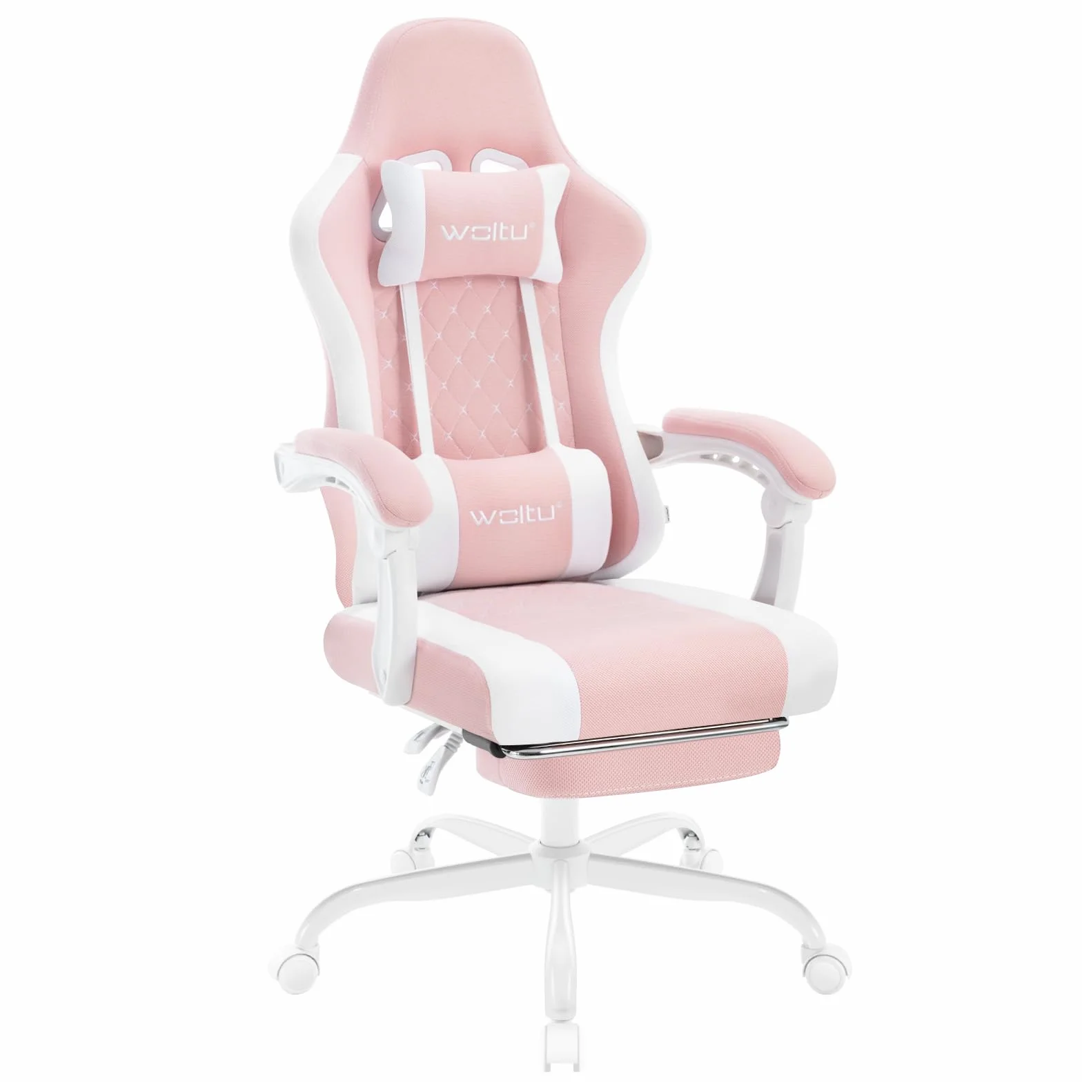 WOLTU Silla de Gaming Ergonómica, Soporte Lumbar Masaje, Reposapiés Extraíble, 150 kg, Malla, Rosa+Blanco
