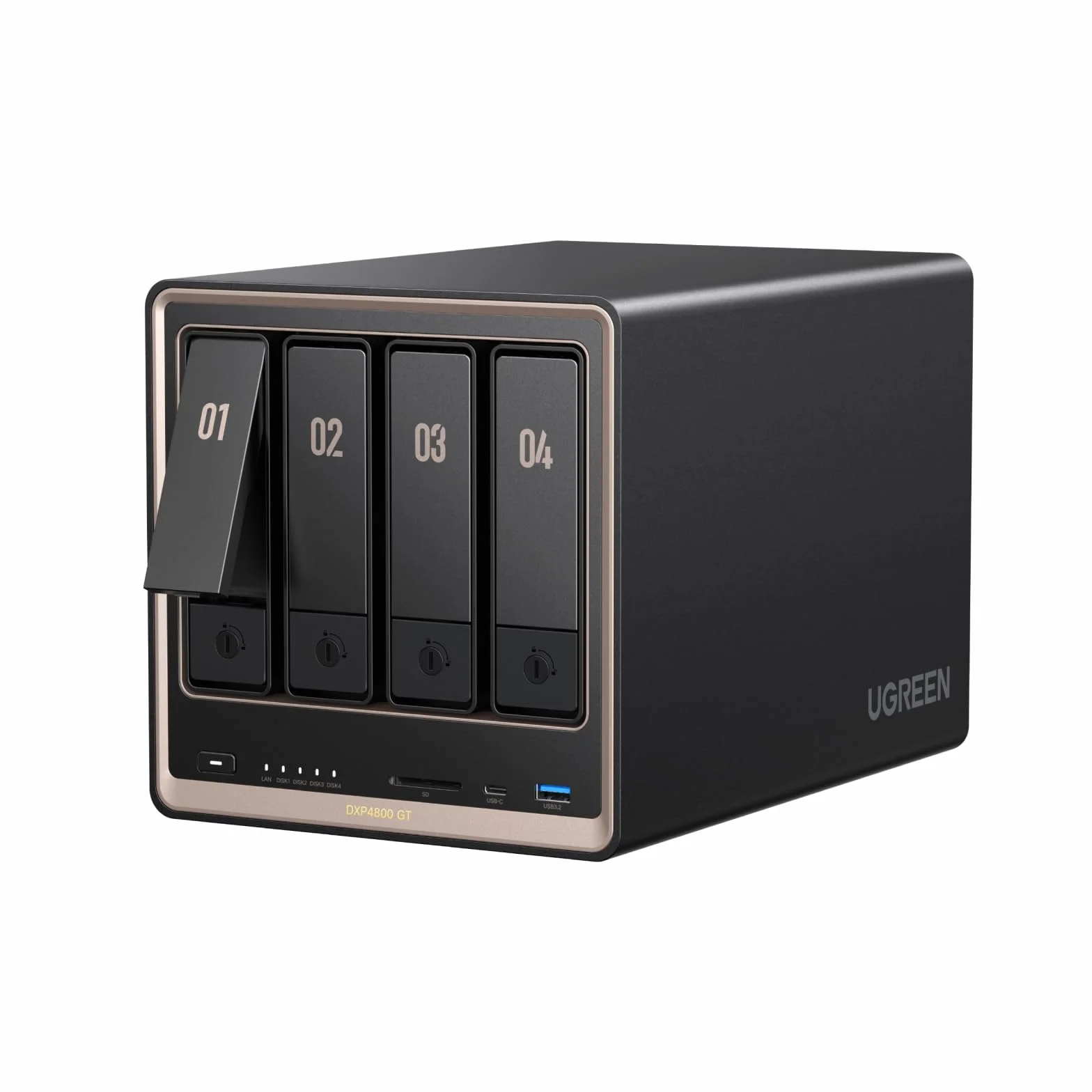 UGREEN NASync DXP4800 GT NAS 4 bahías, Dual LAN 10GbE, CPU AMD Ryzen Embedded R2514, 8GB RAM, Support ECC, Ranura SD, Doble M.2 NVMe, HDMI 4K, Centro vigilancia (Sin Discos)