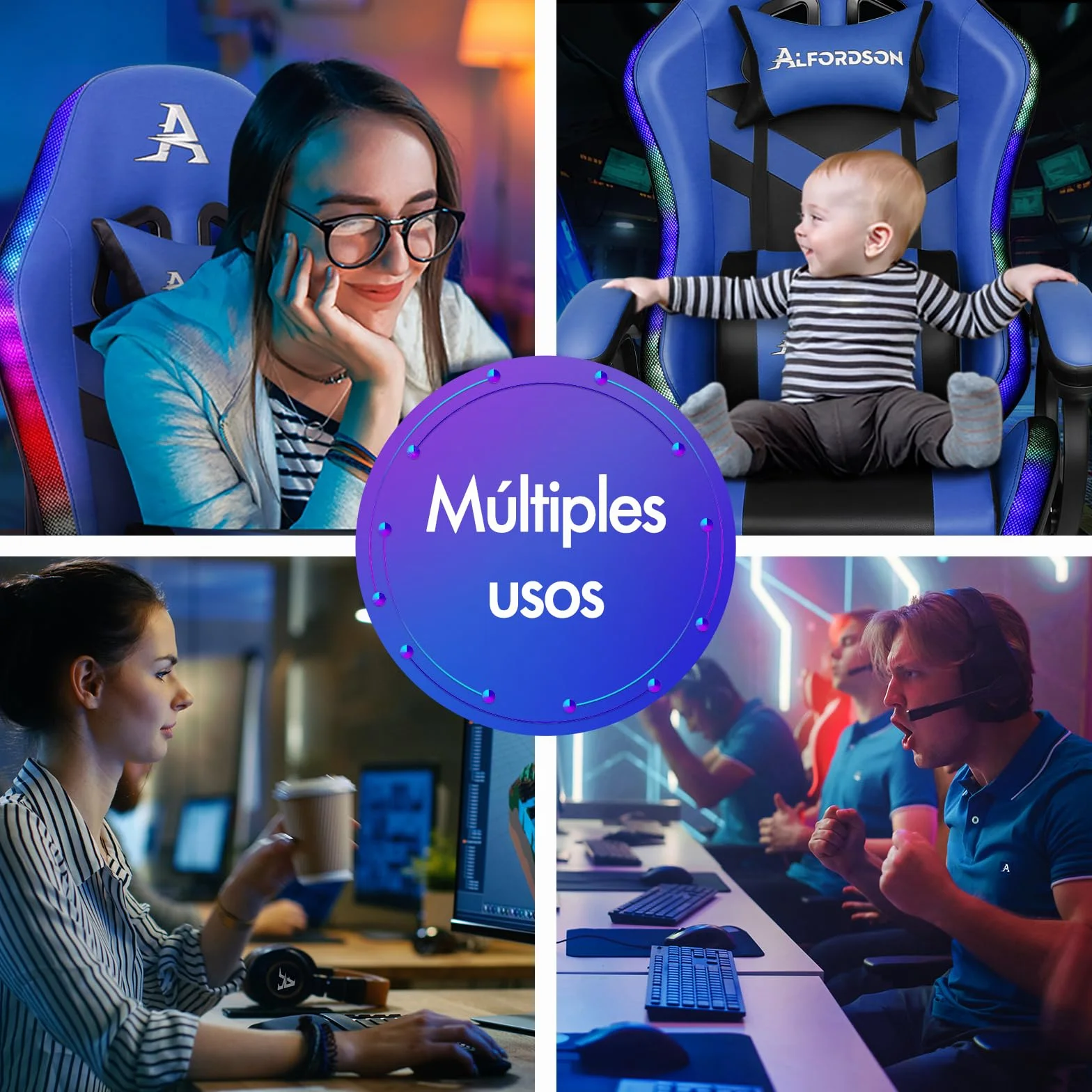 ALFORDSON Silla Gaming Ergonómica con Masaje LED y Reposapiés Telescópico, Cuero PU Azul