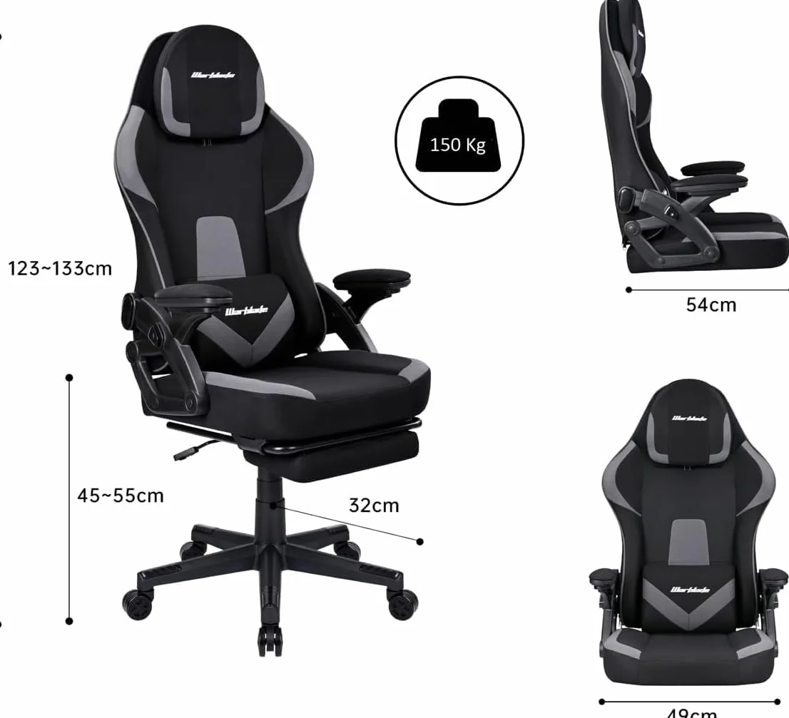 Silla Gamer Ergonómica de Tela Transpirable y Antimanchas, Reposabrazos Abatibles, con Reposapiés, Altura Regulable, Respaldo Abatible (Negro/Gris)
