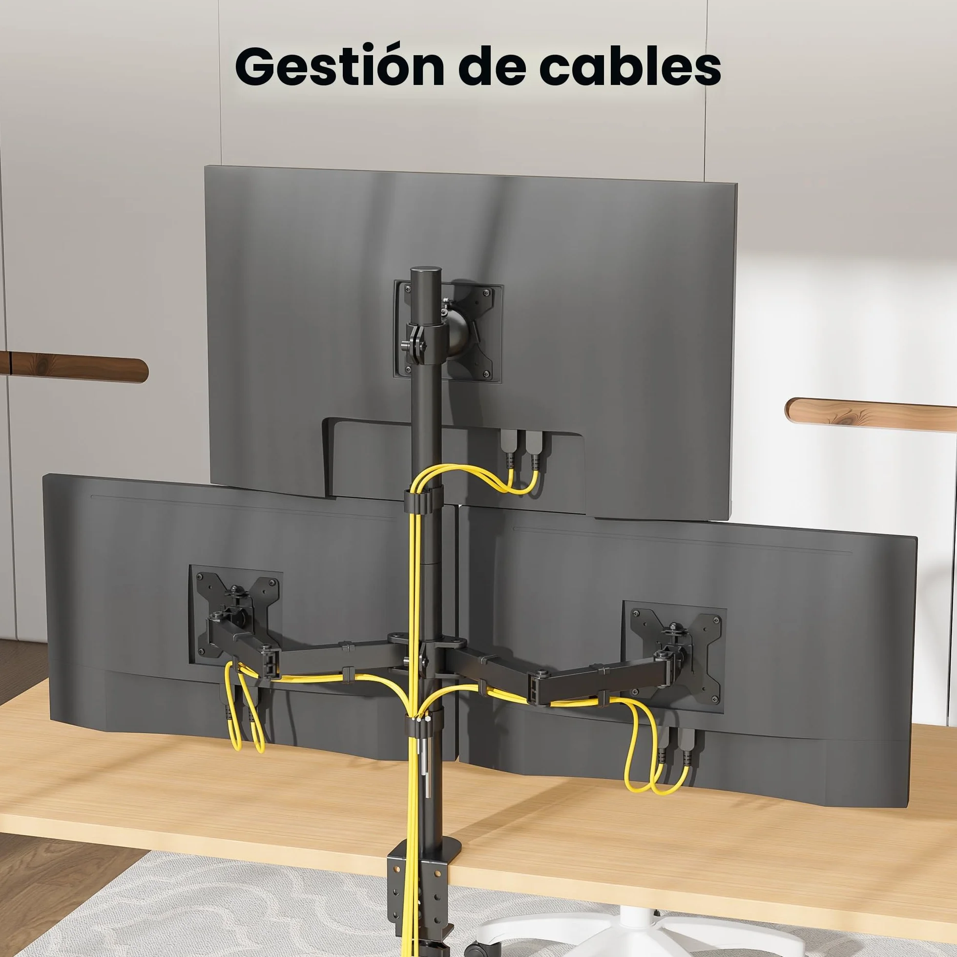 BONTEC Soporte para Monitor Triple, Para 1 Pantalla de 32 Pulgadas y 2 de 27 Pulgadas, Soporta 10 kg, Brazo con Ajuste de Movimiento Completo, VESA 75/100mm, Soporte de Escritorio para Oficina, Gaming