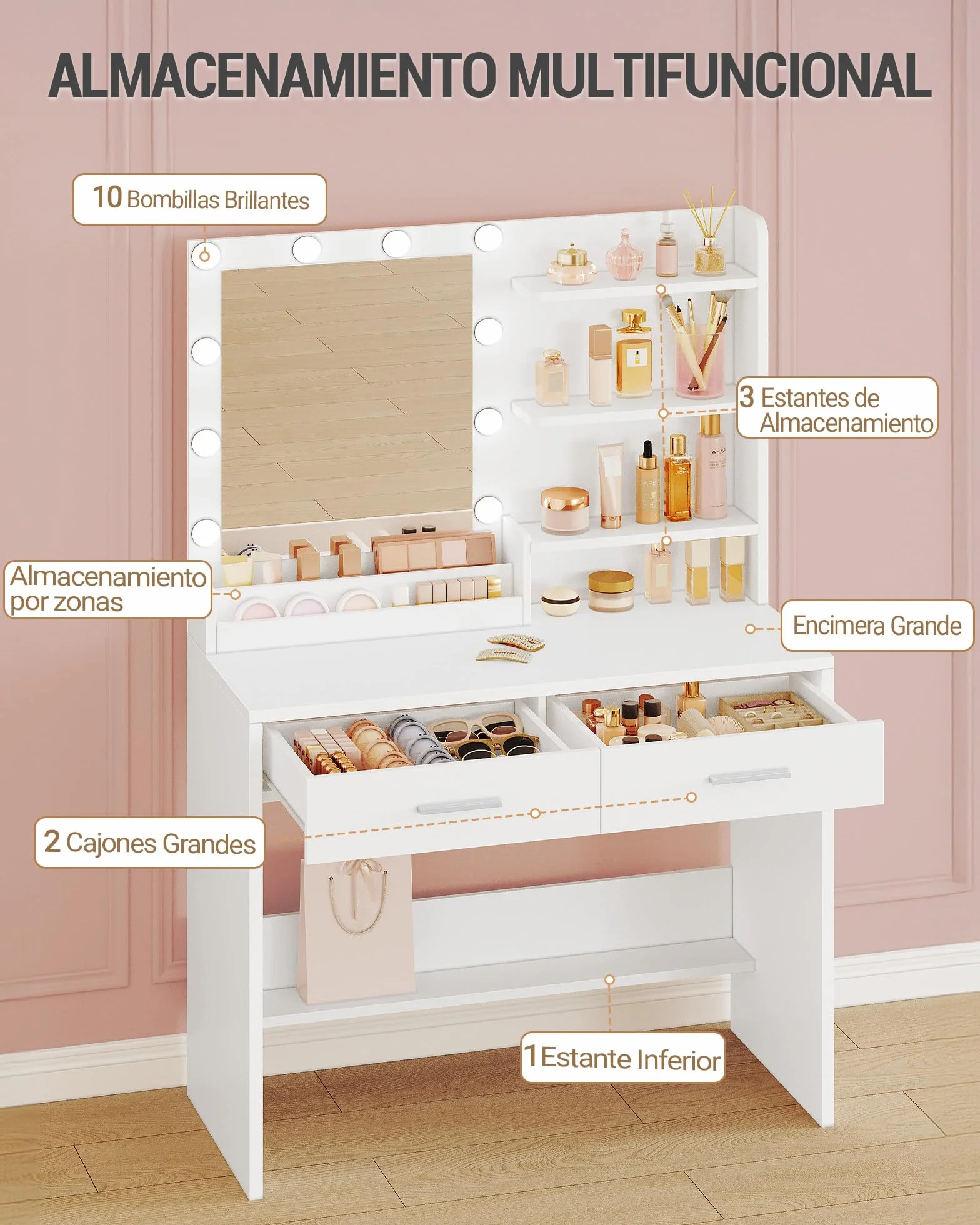 Hzuaneri 90 cm Tocador con Espejo, Maquillaje con Luz, 3 Brillo Ajustable, 2 Cajones, 4 Estantes, 2 Compartimentos, Moderno, Blanco