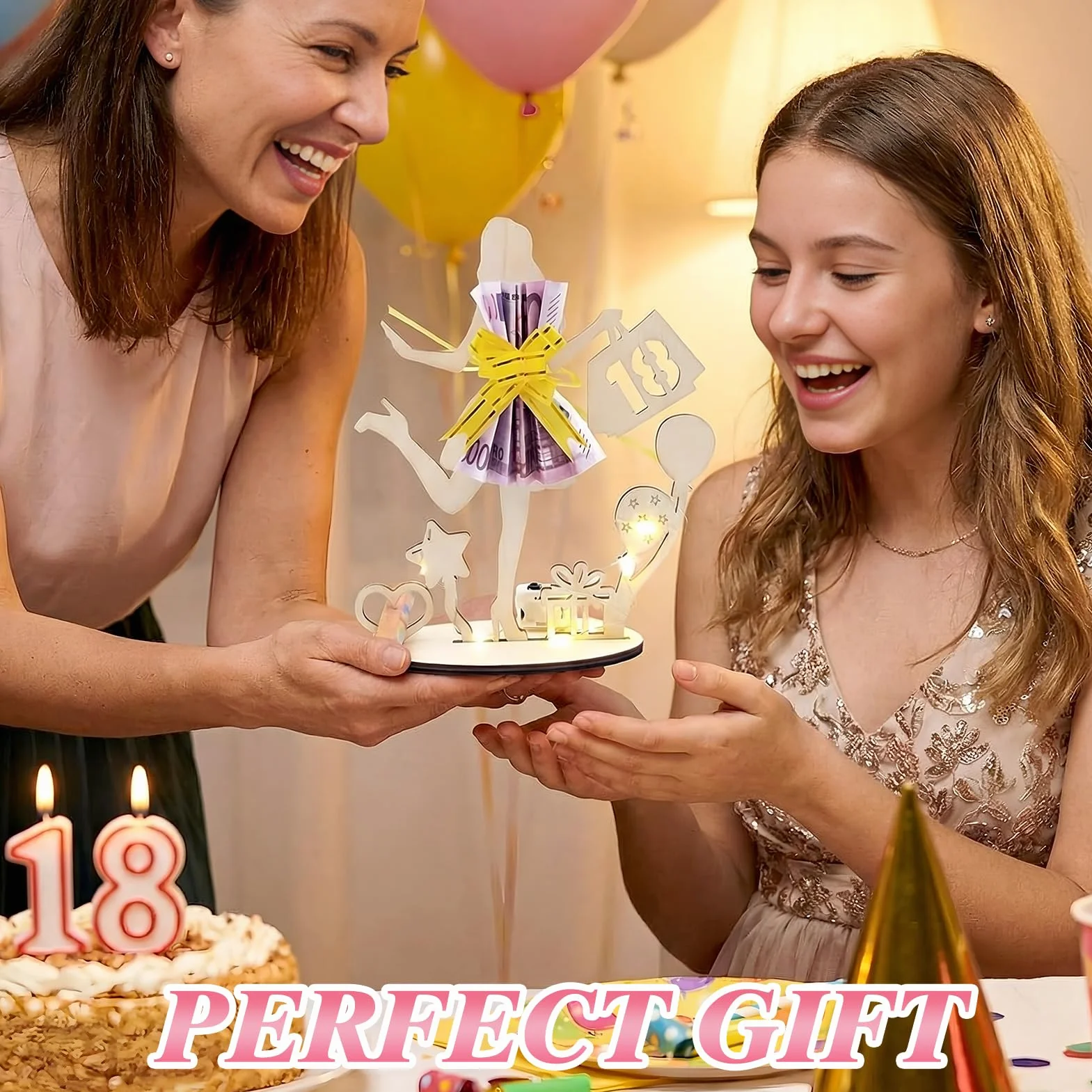 Dongcill Regalo 18 Años Chica, Madera Cumpleaños con Tira de Luces LED, Decoración Mesa Aniversario