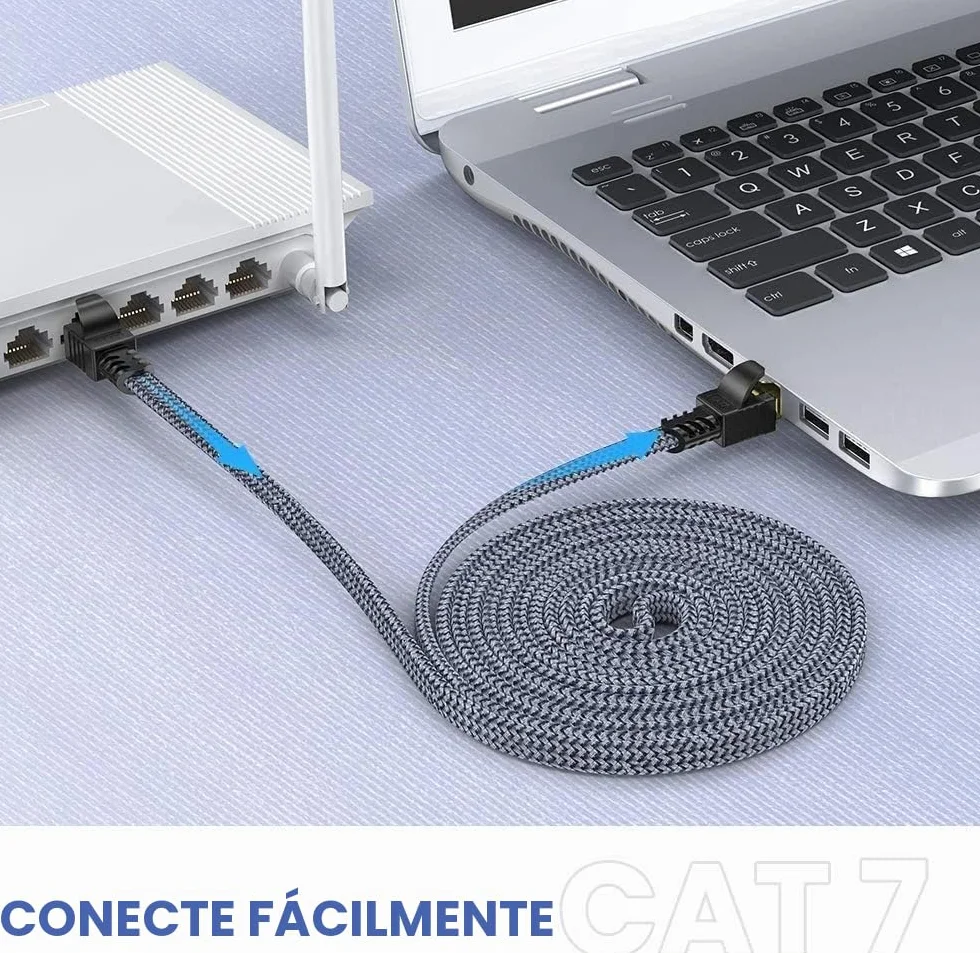 Snowkids 15m Cable de Red Ethernet cat7, Alta Velocidad 10Gbit/s 600MHz Cable Plano Trenzado de Nailon Chapado STP Cable Ethernet RJ45 para Router Modem Switch TV Box PC PS-4 Viene con 20 Clips Cable