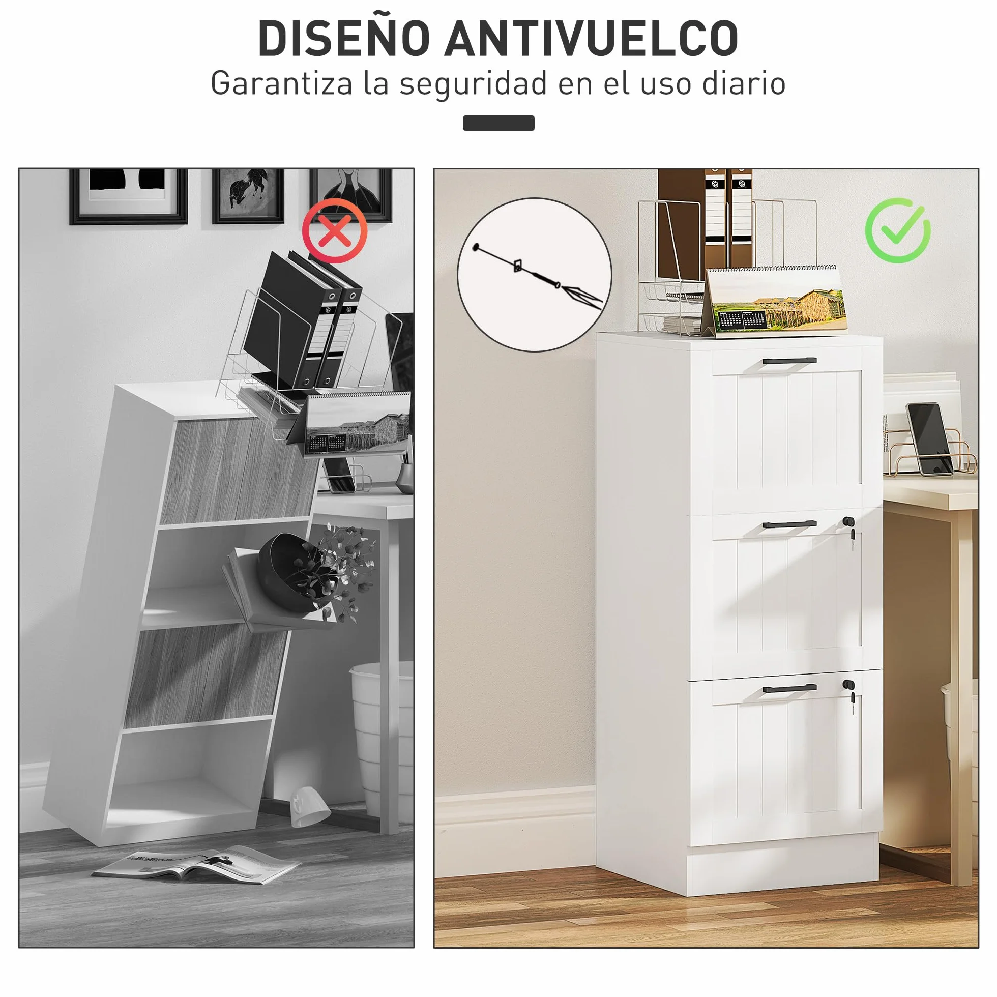 HOMCOM Cajonera Escritorio 3 Cajones, Mueble Archivador, 2 Cerraduras, Riel Colgante A4, 40x40x101 cm, Blanco
