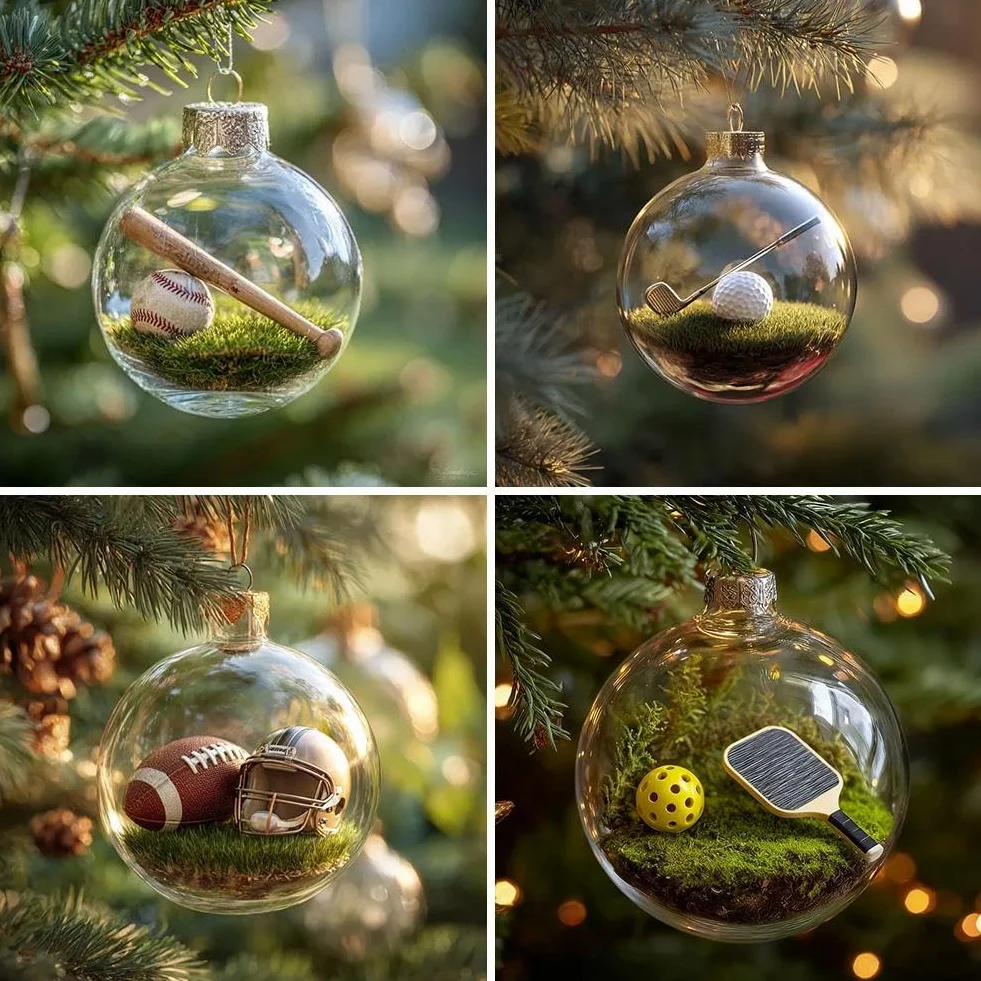 Juego de adornos navideños de bola deportiva transparente 3.15 pulgadas colgante fútbol béisbol voleibol tenis