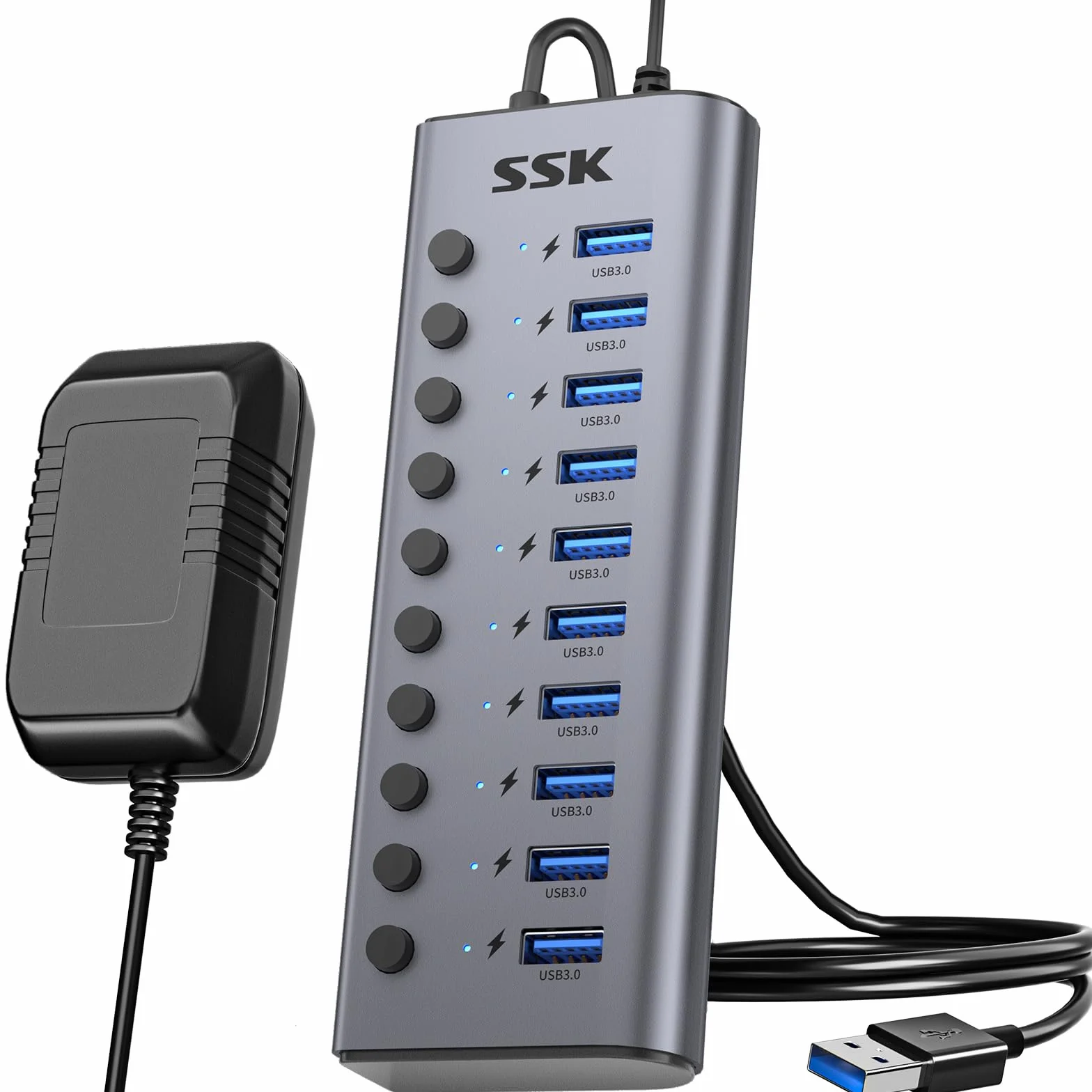 SSK 10Port Powered USB 3.0 Hub, Aluminio Divisor de Extensión USB con interruptores de alimentación Individuales y Leds, 5Gbps de Datos USB Hub de Carga con DC12V5A Adaptador y 3.93ft Cable Largo