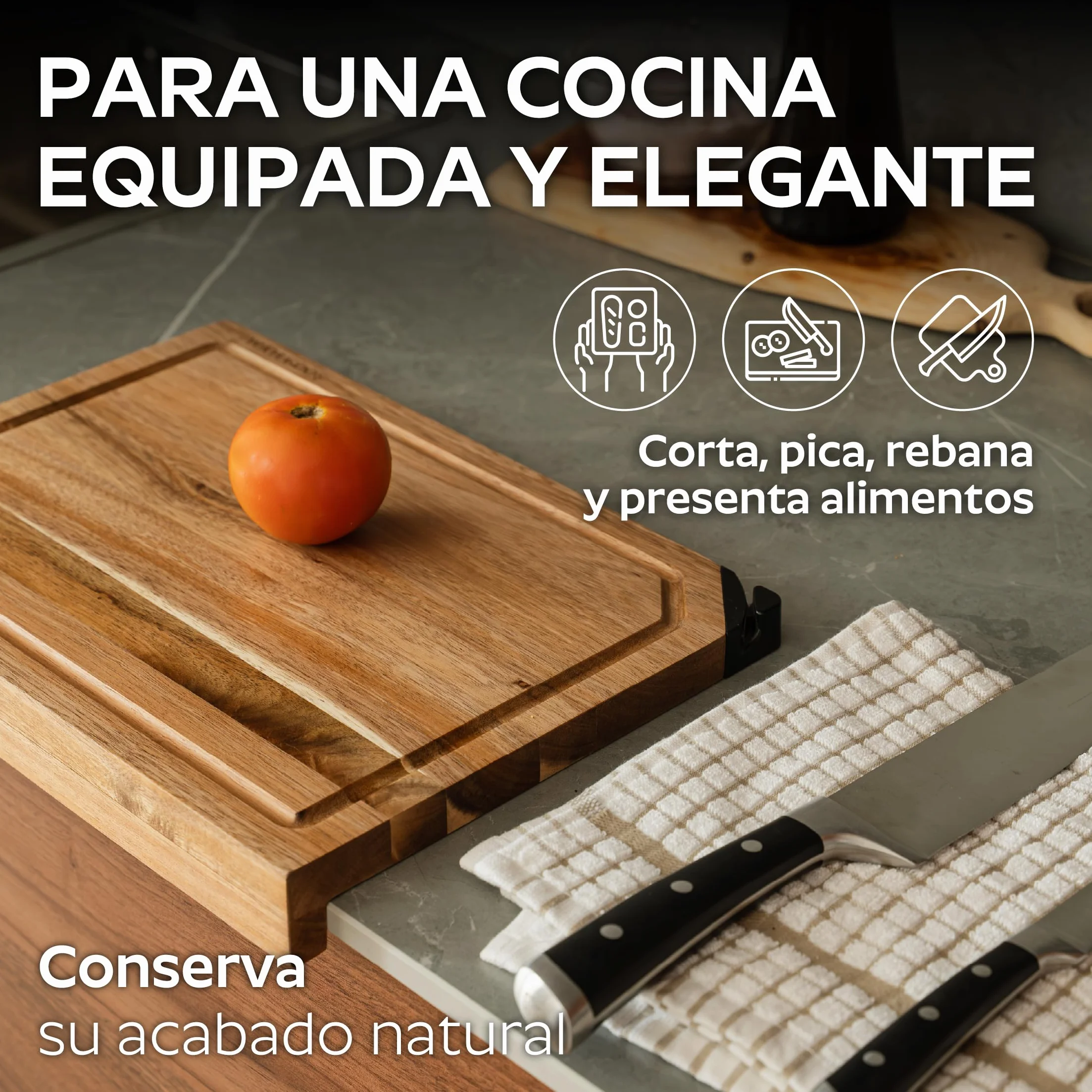 Tabla de Cortar Madera de Acacia con Afilador Integrado 35x25 cm Antideslizante