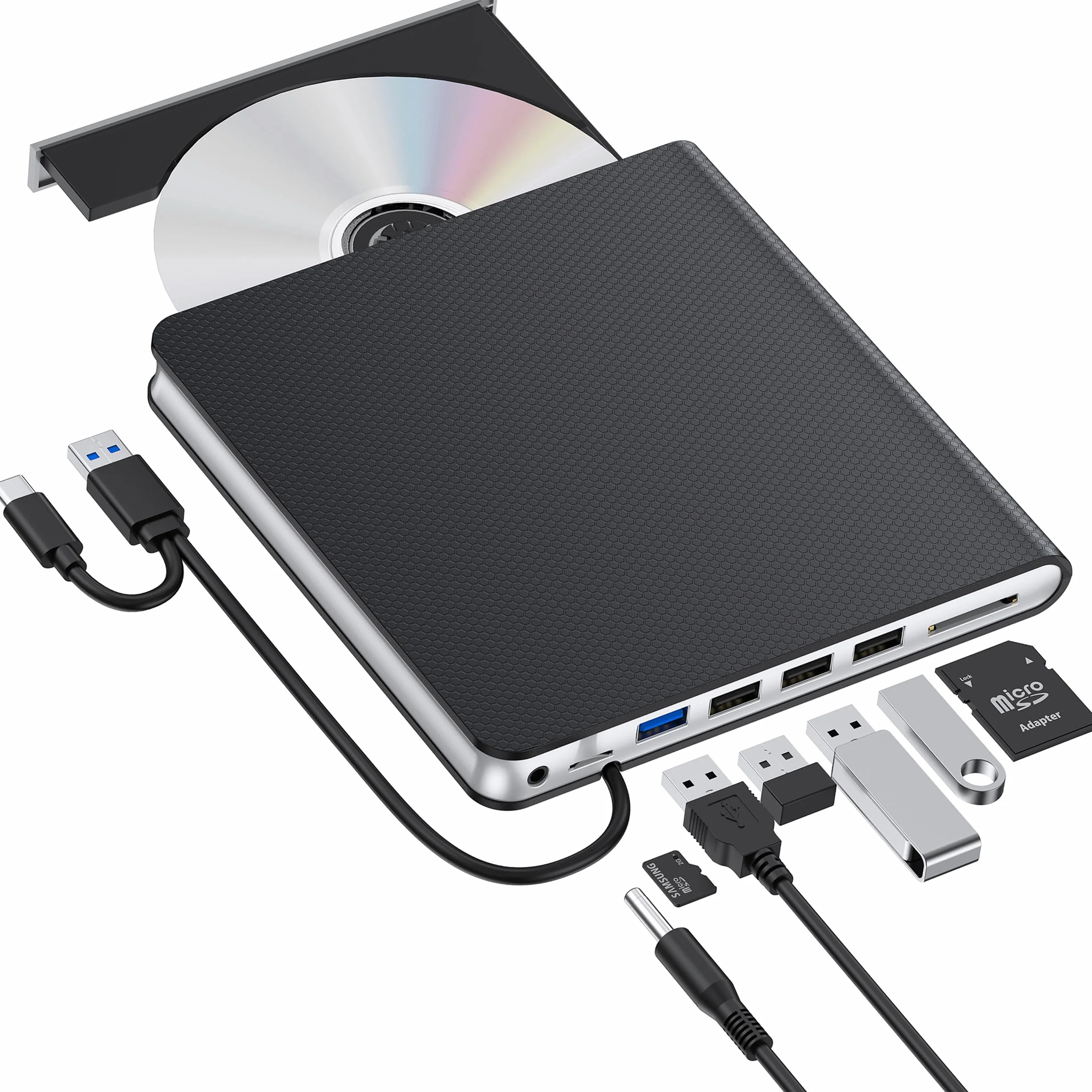 Lector CD/DVD Externo,Grabadora USB 3.0 y Type-C,Disquetera Externa USB,Reproductor DVD Portatil,Tarjetas SD TF y 4 Puertos USB Unidad CD/DVD -RW/ROM para PC/Laptop/Linux/Windows 11/10/8/Mac/Desktops