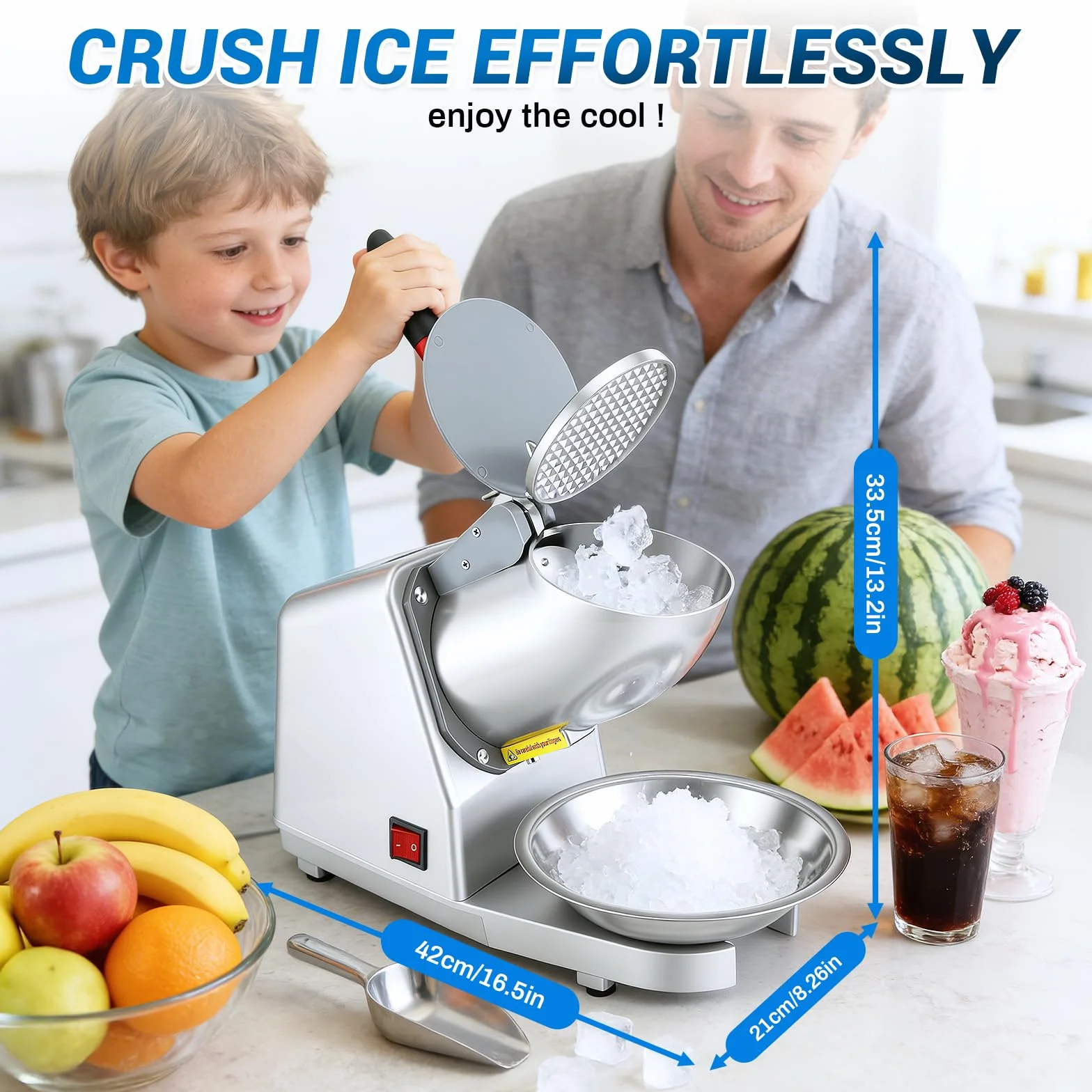 Picadora de Hielo Eléctrica Acero Inoxidable 85 kg/h 2200 RPM 2 Cuchillas Plateado