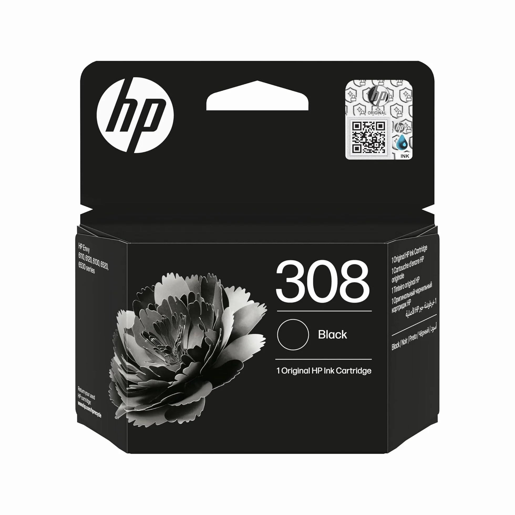 HP 308 Negro, 7FP21UE, Cartucho de Tinta Original, Compatible con Las Series de impresoras Envy 6110e, 6120e, 6122e, 6130e, 6132e, 6520e, 6530e, 6532e