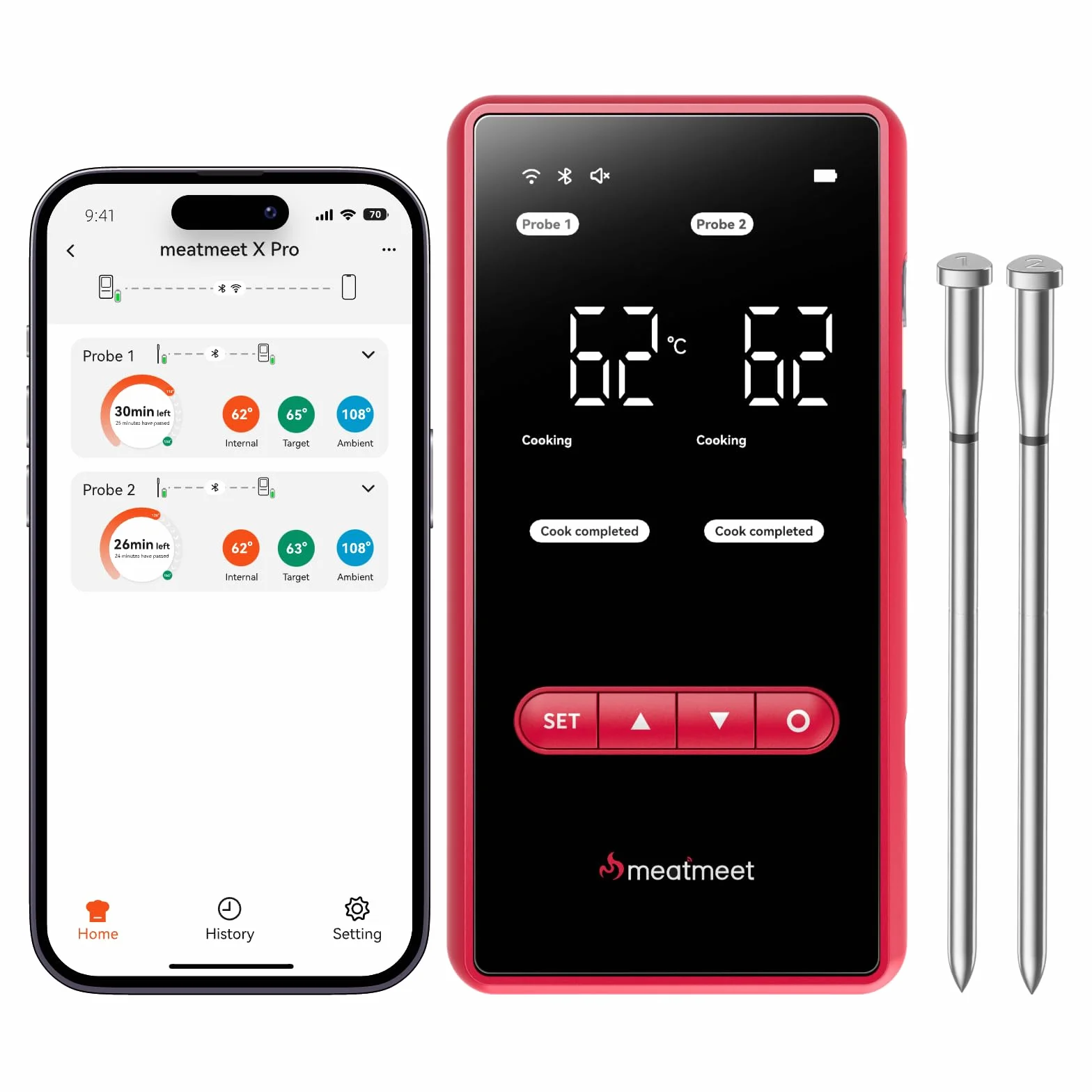 X Pro Termómetro para Carne con Bluetooth y WiFi, 2 Sondas 6 Sensores, Pantalla LED, IP69 Impermeable​, resistente al calor hasta 582°C, Termometro Carne para BBQ, Grill, Cocina, Asador