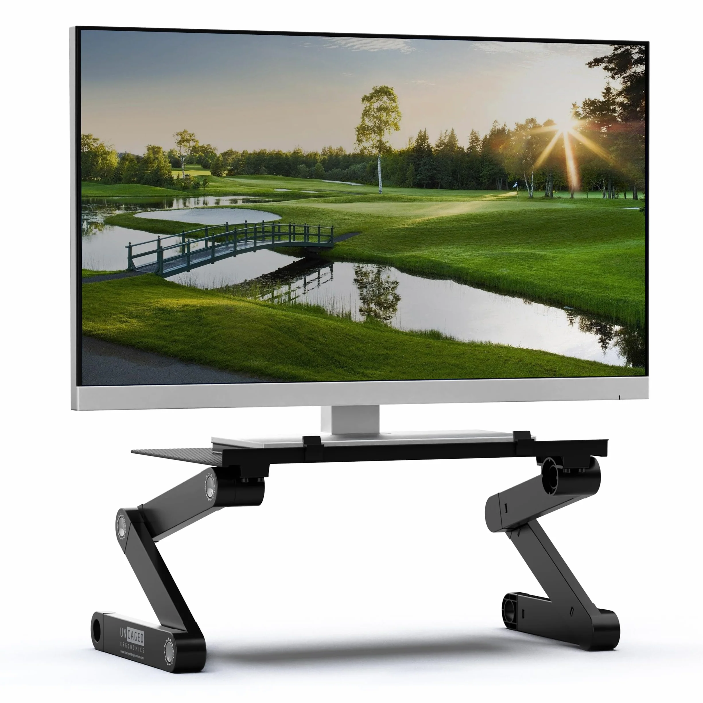 WorkEZ Monitor Stand ergonómico ajustable altura y ángulo único monitor de computadora elevador. soporte portátil plegable de aluminio para escritorio PC monitores pantalla organizador negro