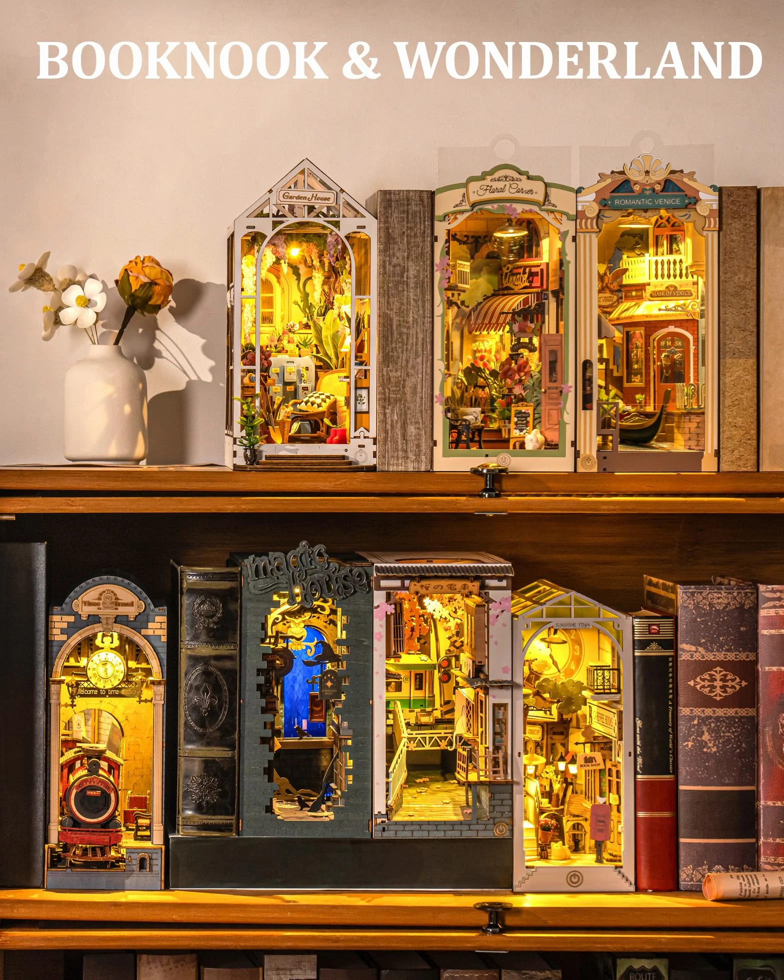 ROBOTIME Book Nook Kit Venecia Romántica - Casa de Muñecas en Miniatura de Madera con Luces LED