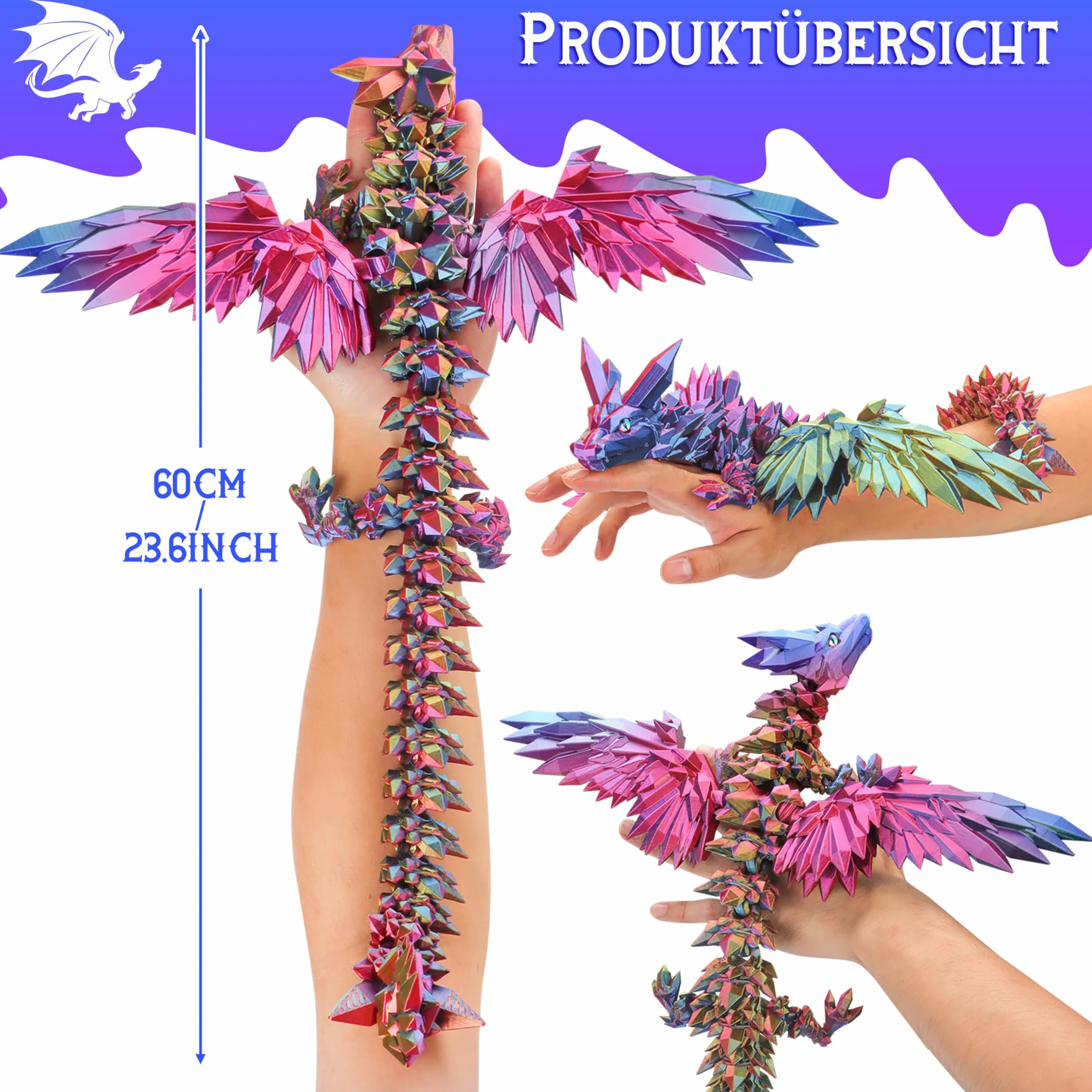 Dragón Impreso en 3D 60cm Articulado Flexible Alado Decoración Hogar Juguete Escritorio Navidad Easter Cumpleaños