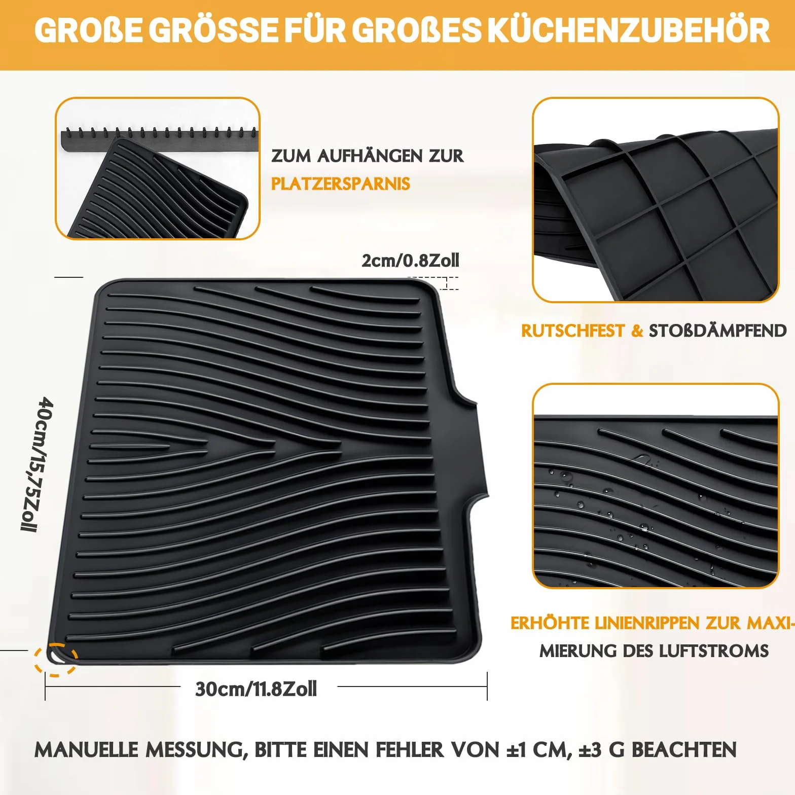 Alfombrilla Escurreplatos Silicona 50x40 cm Antideslizante Resistente Calor Sin BPA Negro