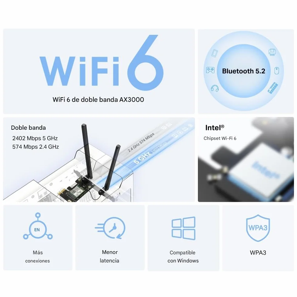 Mercusys MA80XE-Tarjeta WiFi PCIe, AX3000, 2402 Mbps, WiFi 6, Bluetooth 5.2 | Tarjeta de Red PCIe. WiFi 6 con Bluetooth. Disipador Térmico. Instalación Interna. Compatible con Windows.