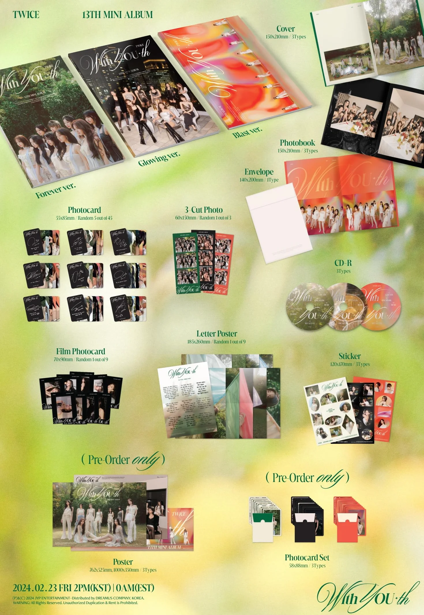 Dreamus TWICE With YOU-th 13º mini álbum CD versión brillante póster plegado JYPK1761