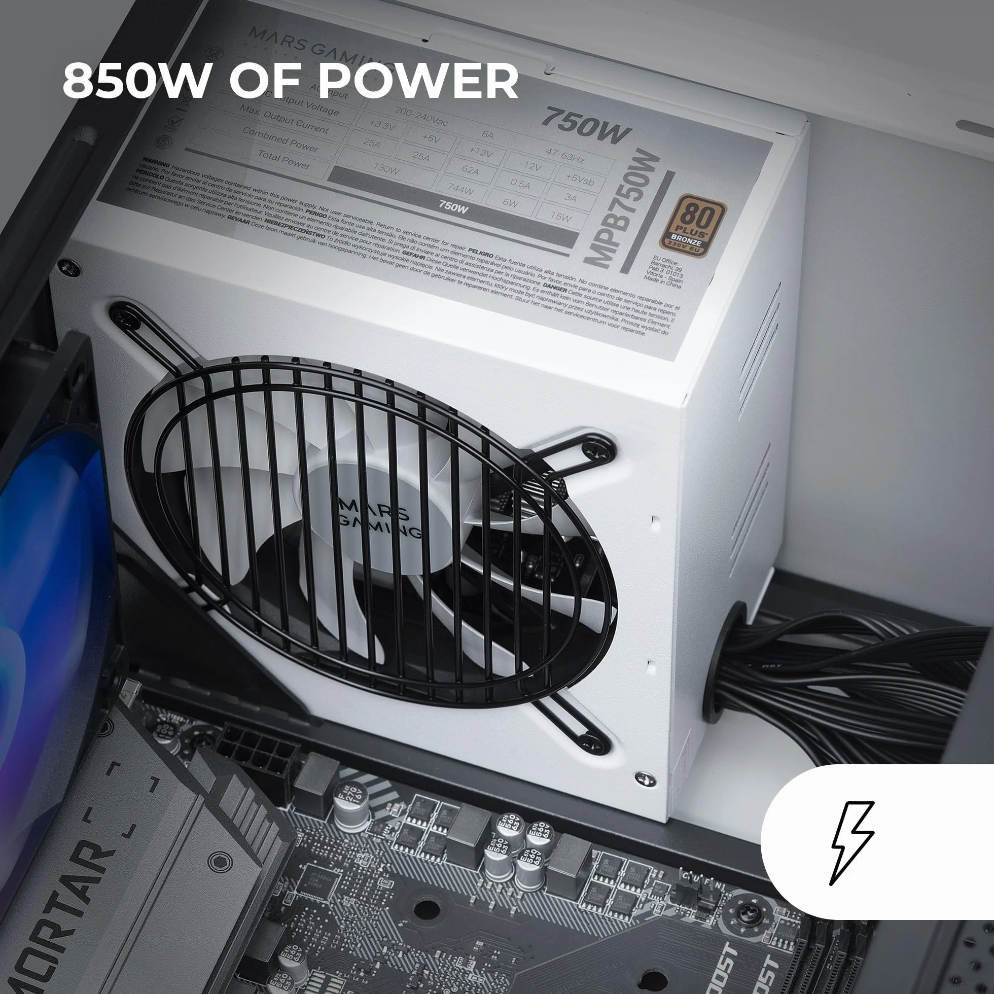 Mars Gaming MPIII850, Fuente Alimentación ATX 850W, 5 Años de Garantía, 85% Eficiencia, Sistema Digital APFC, Ventilador FDB 120mm AI-RPM, Tecnologías DC-DC y SMD, Cables Planos Extralargos, Blanco