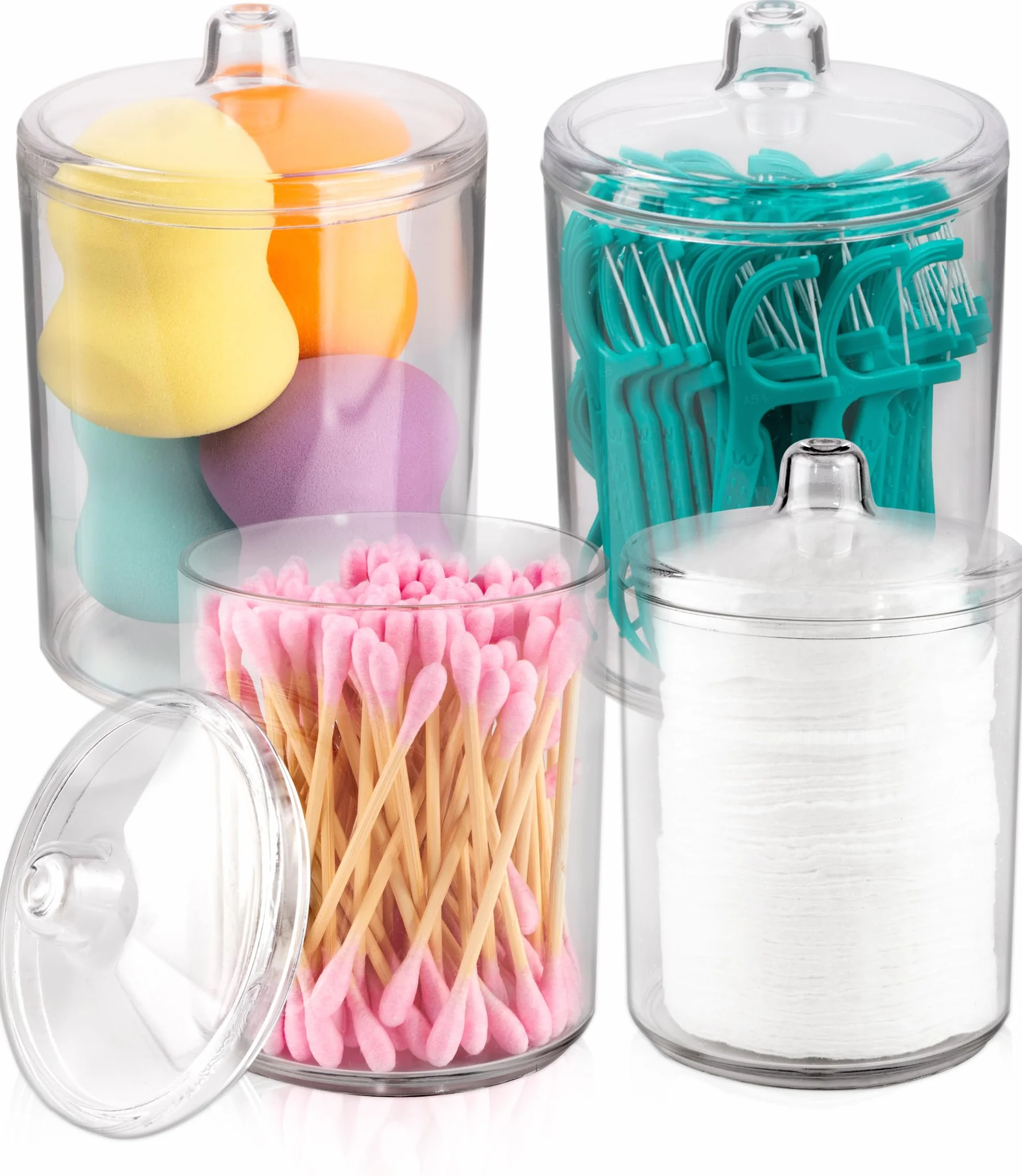 Qtip - Organizador de maquillaje de tocador, tarros de boticario de plástico transparente con tapas, dispensador de hisopos de algodón para baño, 2 x 10 onzas y 2 x 7 onzas, paquete de 4,