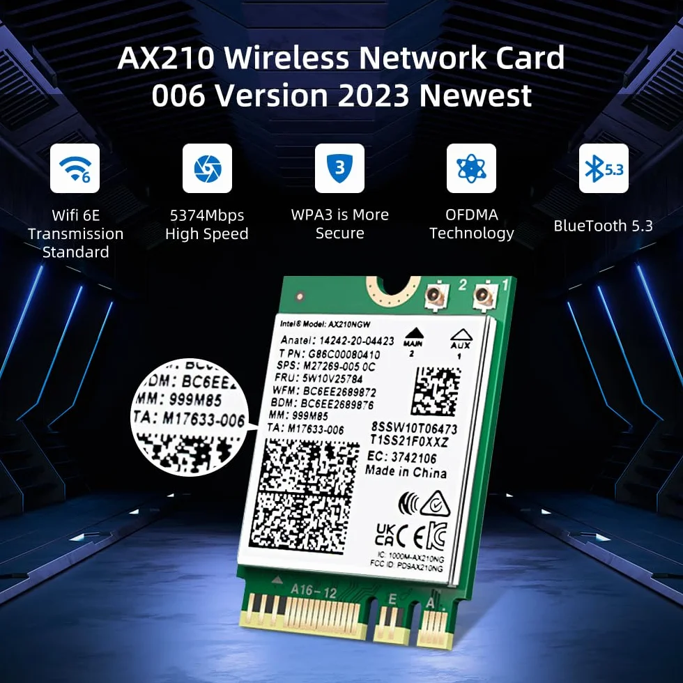 AX210 Tarjeta Inalambrica WiFi 6E Bluetooth 5.3 Tri-Band 5400mbps Tarjeta WiFi para Portatil Compatible Windows 10/11 (64bit) M.2/ngff