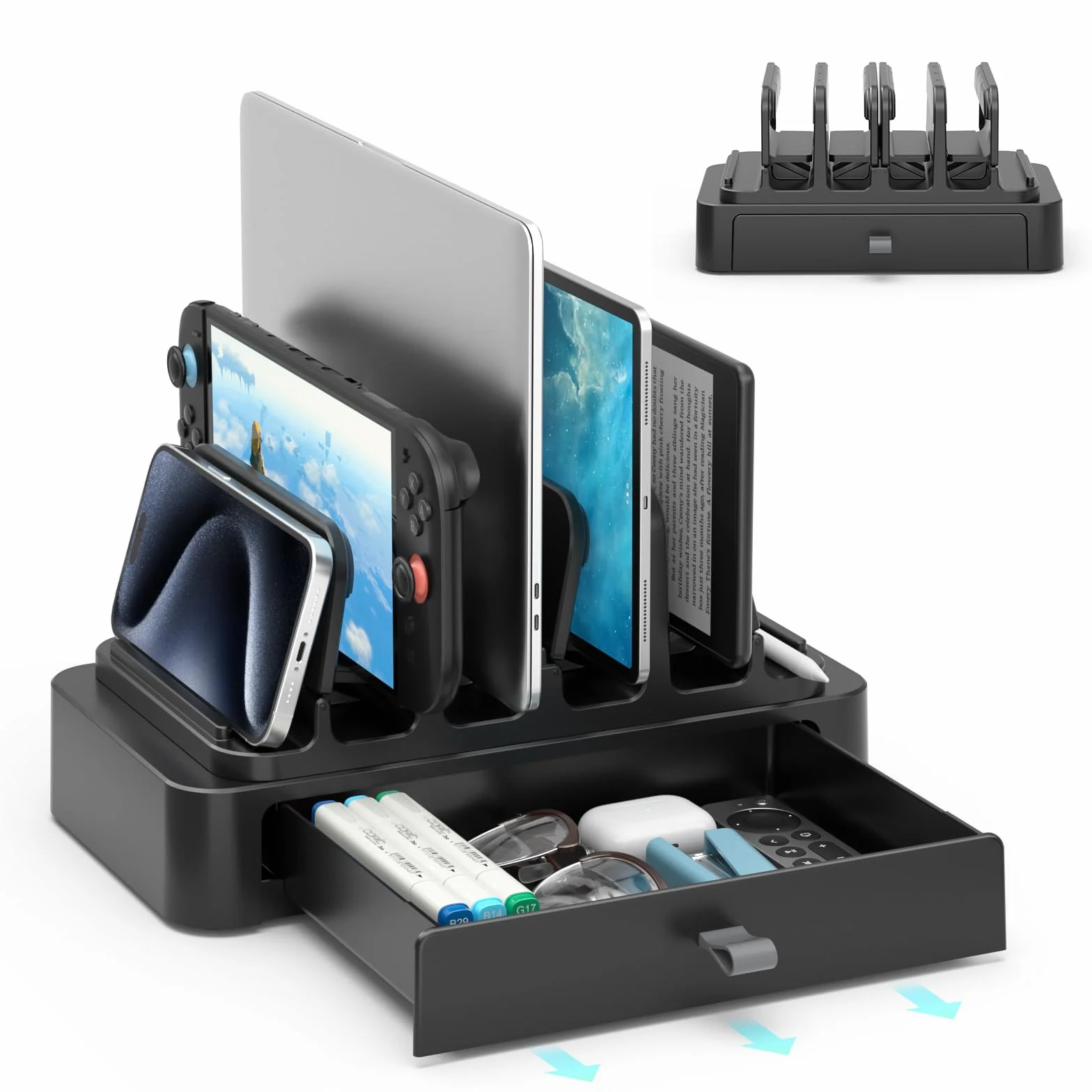 KDD Soporte Portatil Vertical con Cajón - Soporte Portatil Mesa Que Ahorra Espacio - Laptop Stand con Bloqueo por Gravedad para MacBook/DELL/HP/Chromebook/Surface Pro/Tabletas/Movil/Switch/Teclados
