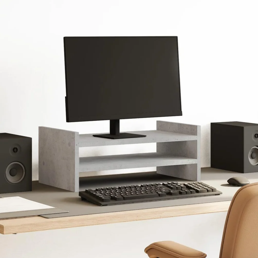 Soporte para monitor de madera gris hormigón 50 x 27 x 20 cm con 2 estantes, para escritorio de ordenador, escritorio, soporte para portátil, ergonómico en casa y oficina